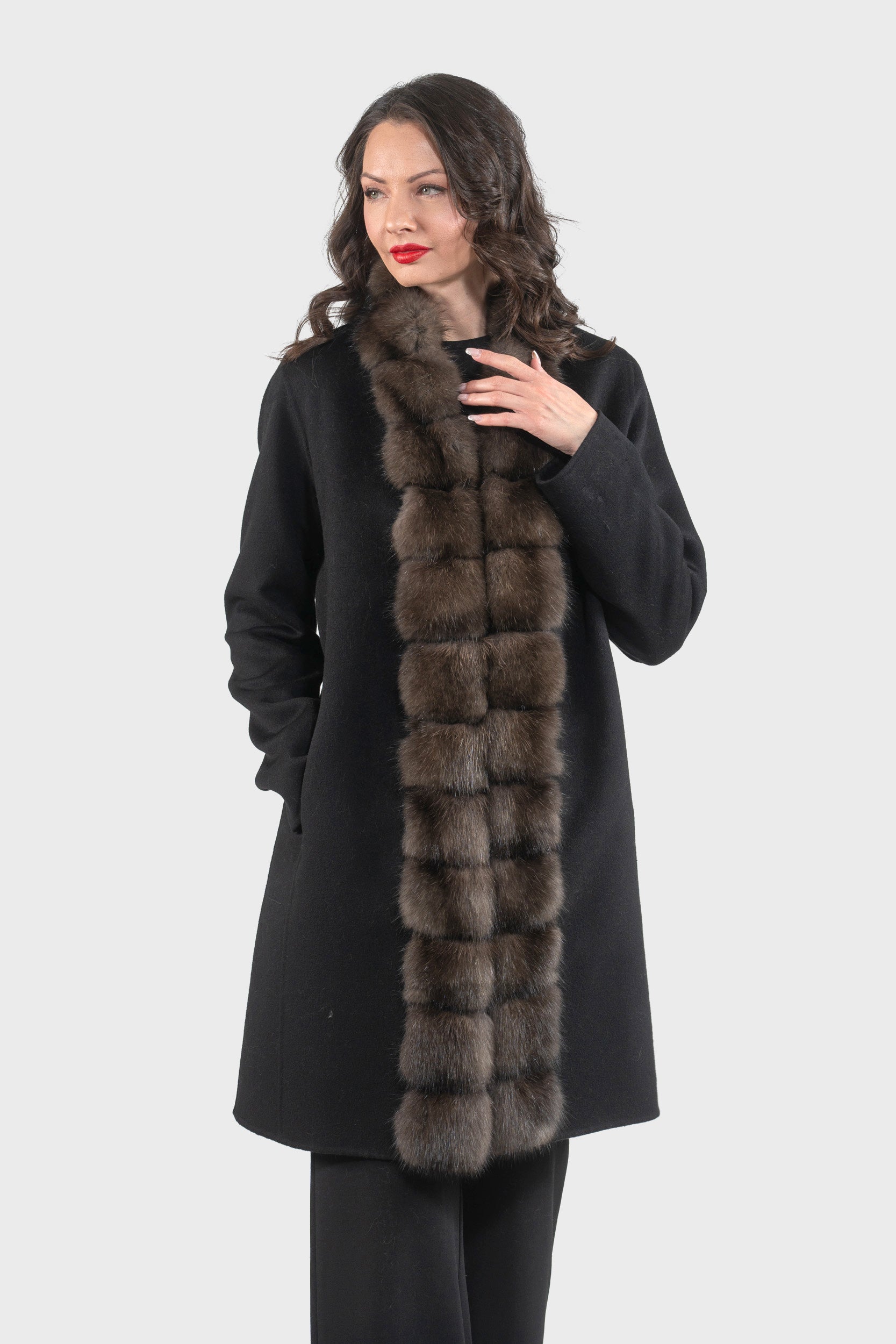 Black Cashmere Half Coat with Russian Sable Trim 21C6080