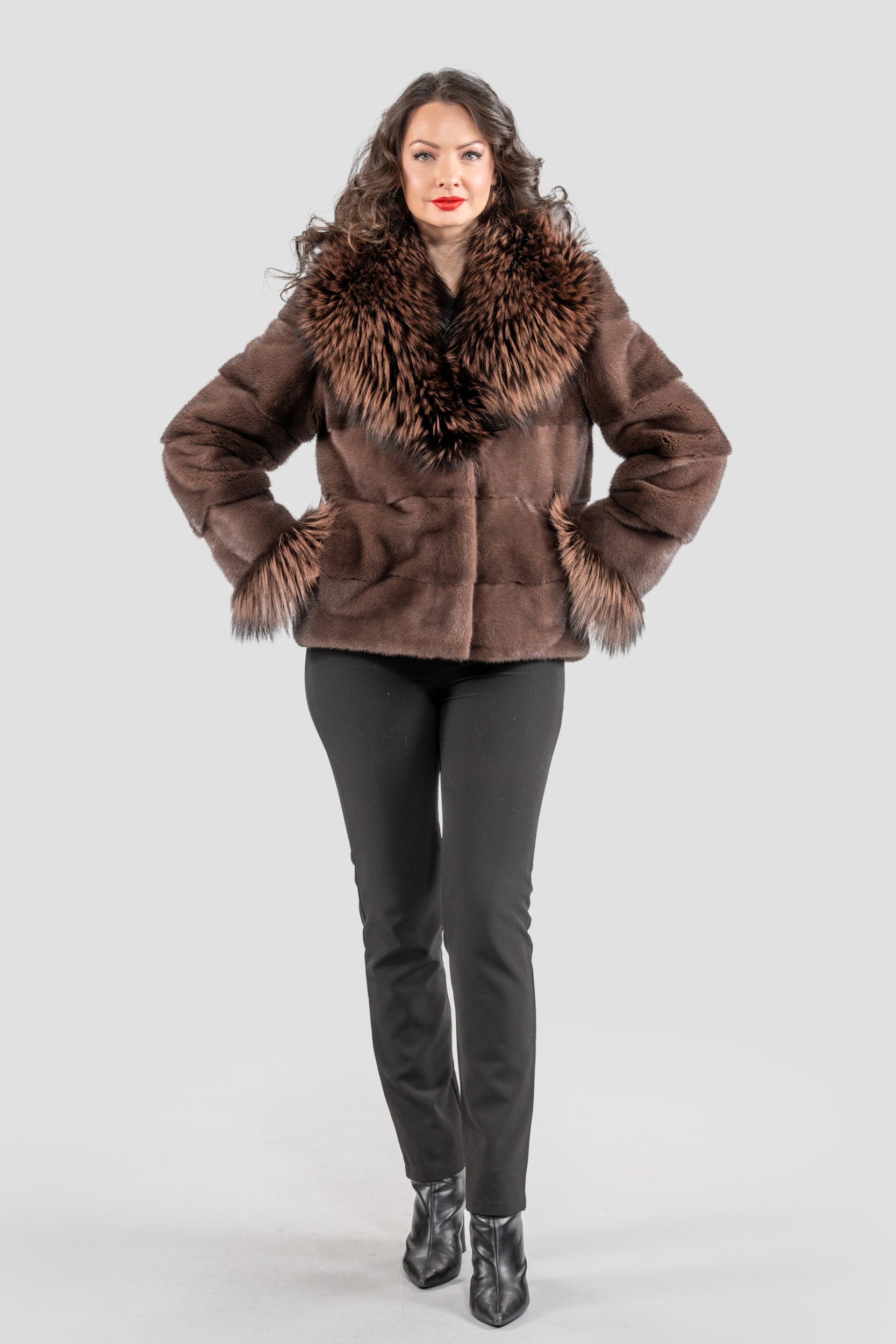 Wood Mink Jacket with Fox Trimmed Shawl Collar P/K13C528C17