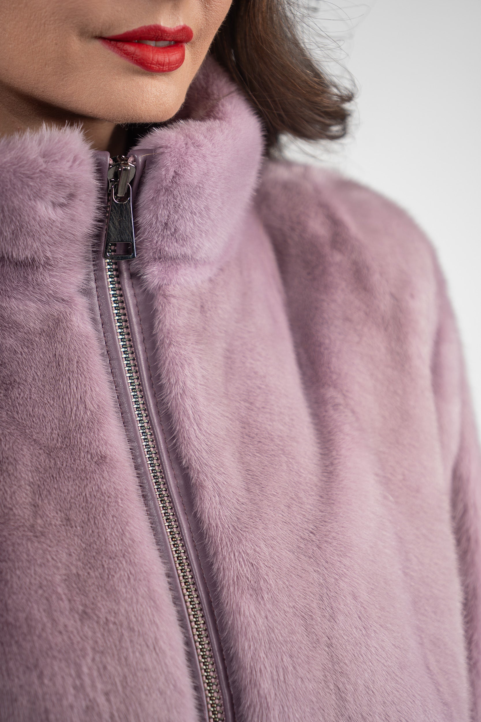 Dark Violet Mink Bomber Jacket with Stand Collar L/O13C224