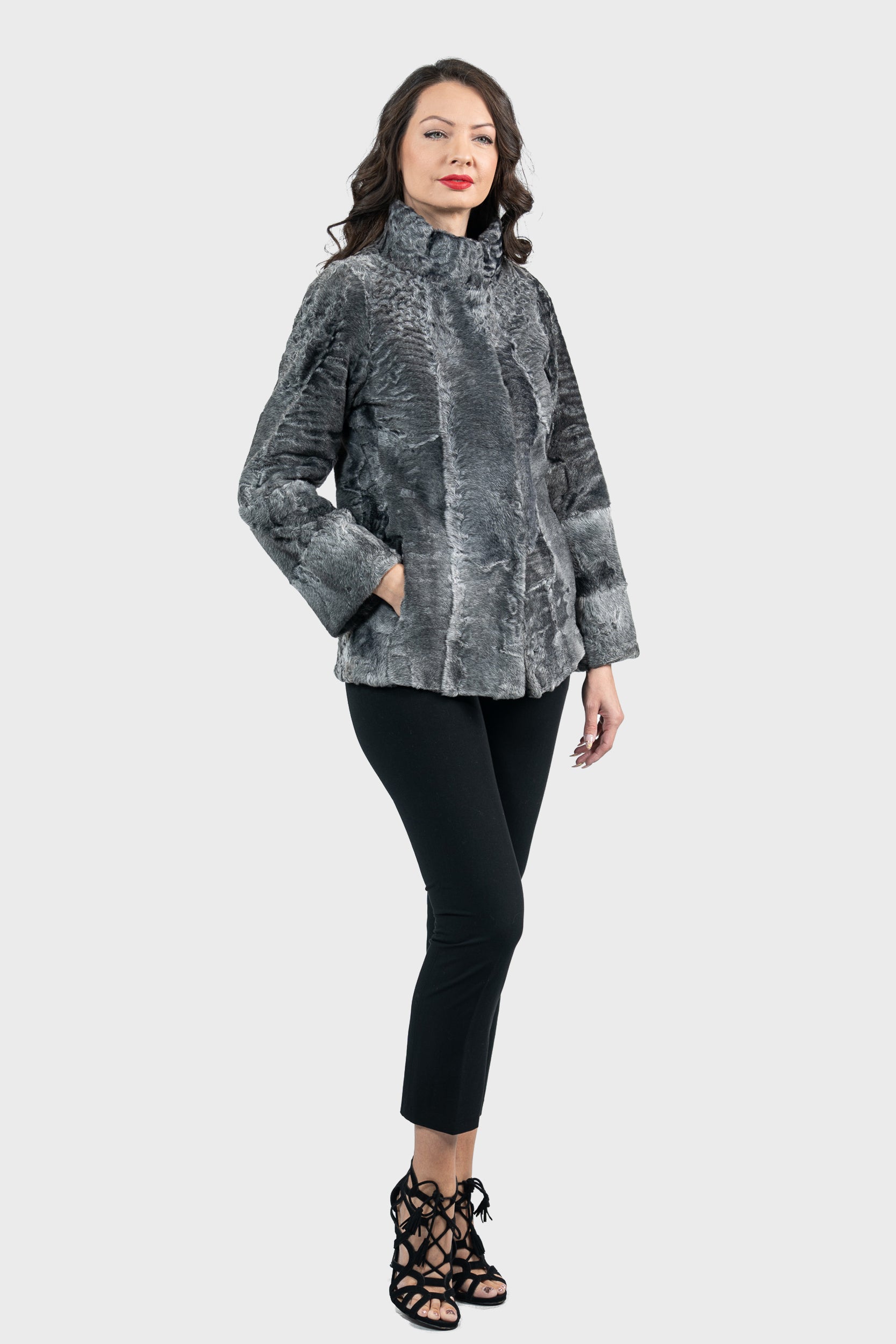 Gray Swakara Jacket with Stand Collar S/S13C528