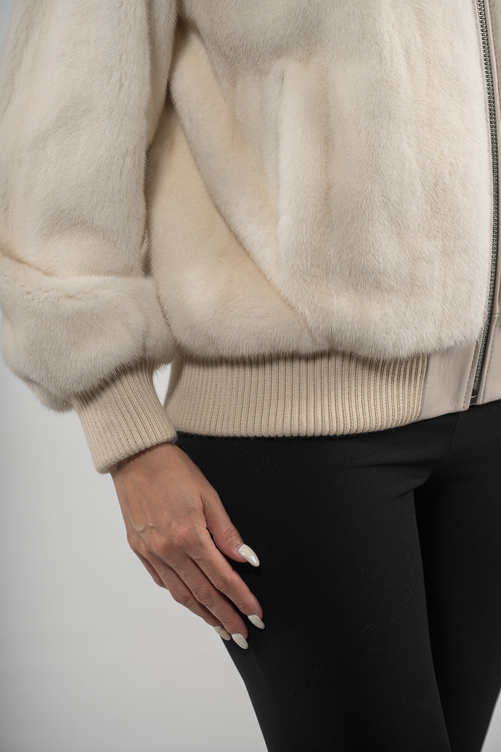 Beige Mink Bomber Jacket with Stand Collar L/O13C224