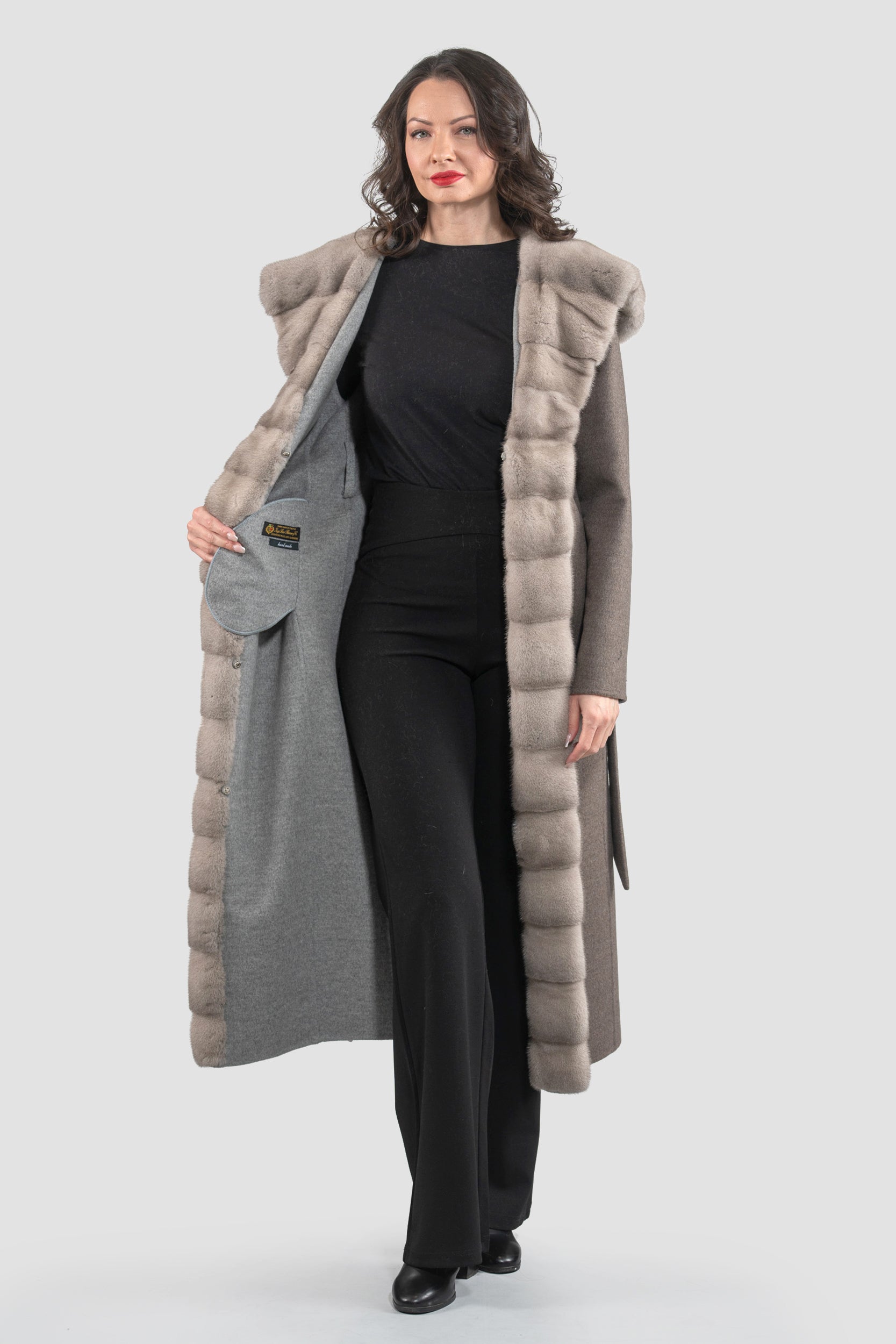 Grey Brown Cashmere Hooded Coat with Mink Trim 21C6080H540