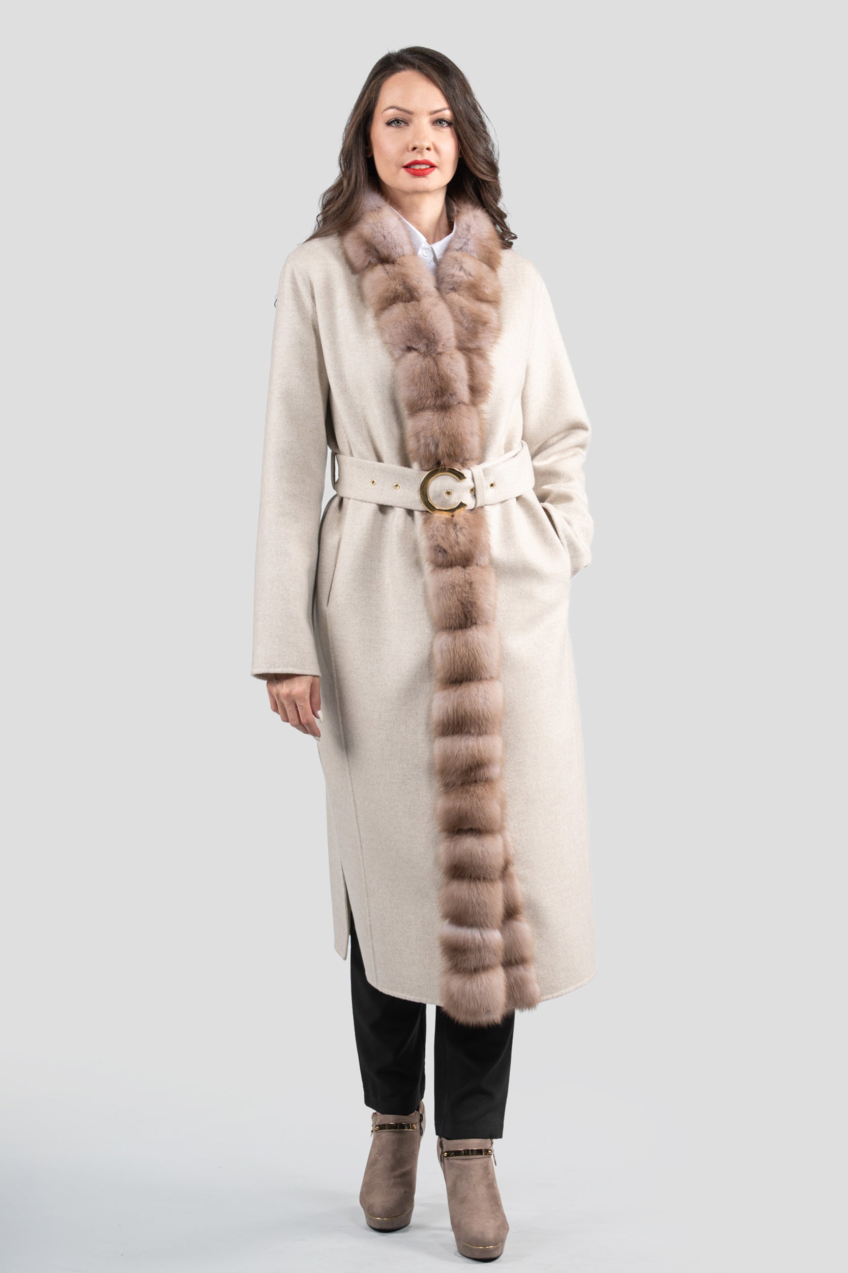 White Ecru Cashmere Coat with Russian Sable Trim 21C6080