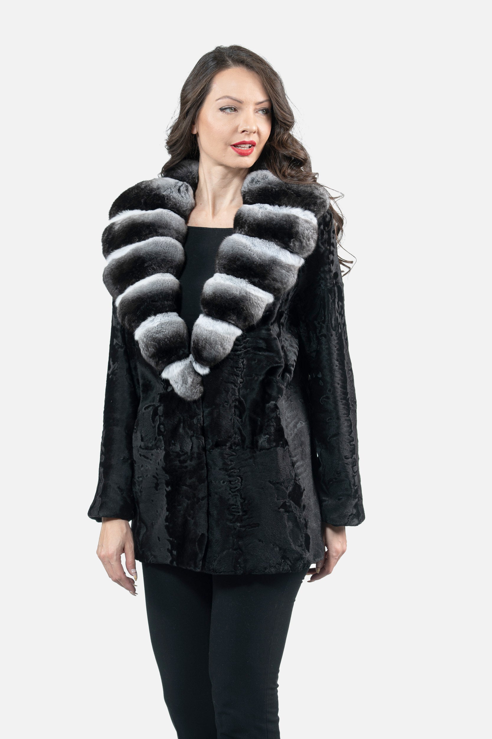 Black Swakara Jacket with Chinchilla Notch Collar S/S21C842