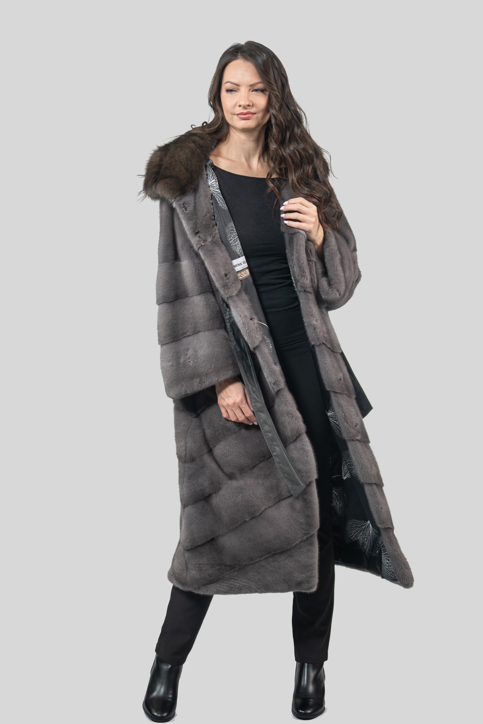 Grey Moon Mink Coat with Russian Sable Hood A/K13C850