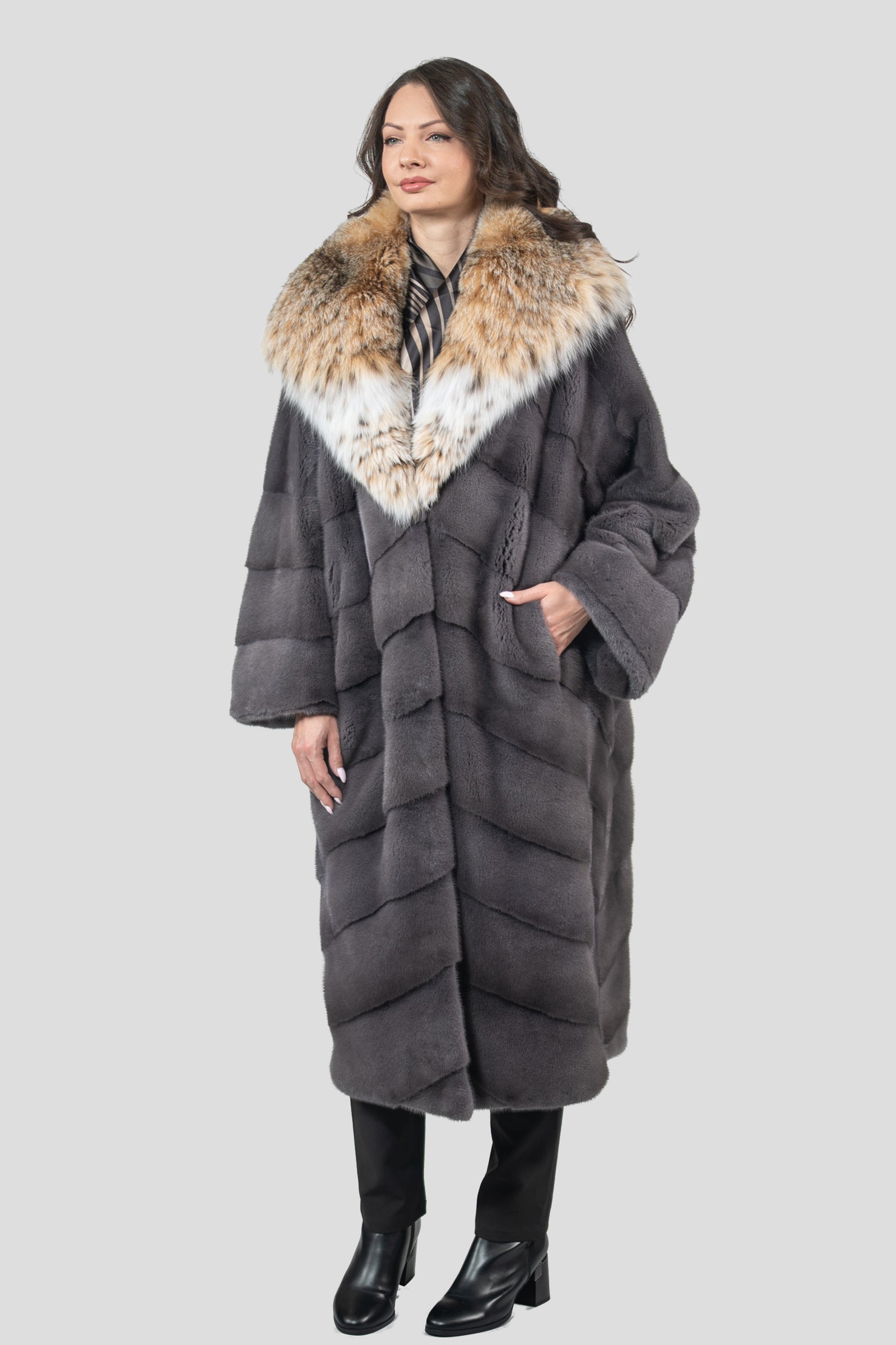 Grey Moon Mink Coat with Bobcat Hood A/K13C850