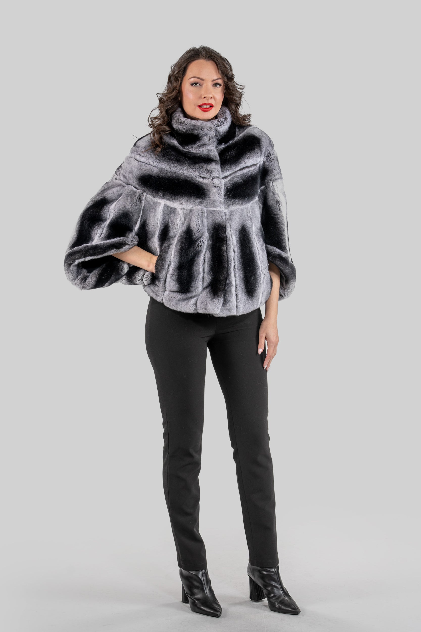 Natural Rex Rabbit Fur Cape with Stand Collar 1009