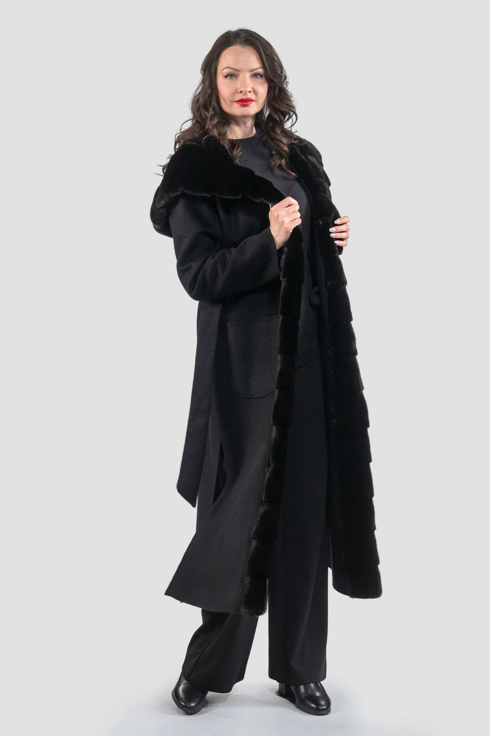 Black Cashmere Hooded Coat with Mink Trim 21C6080H