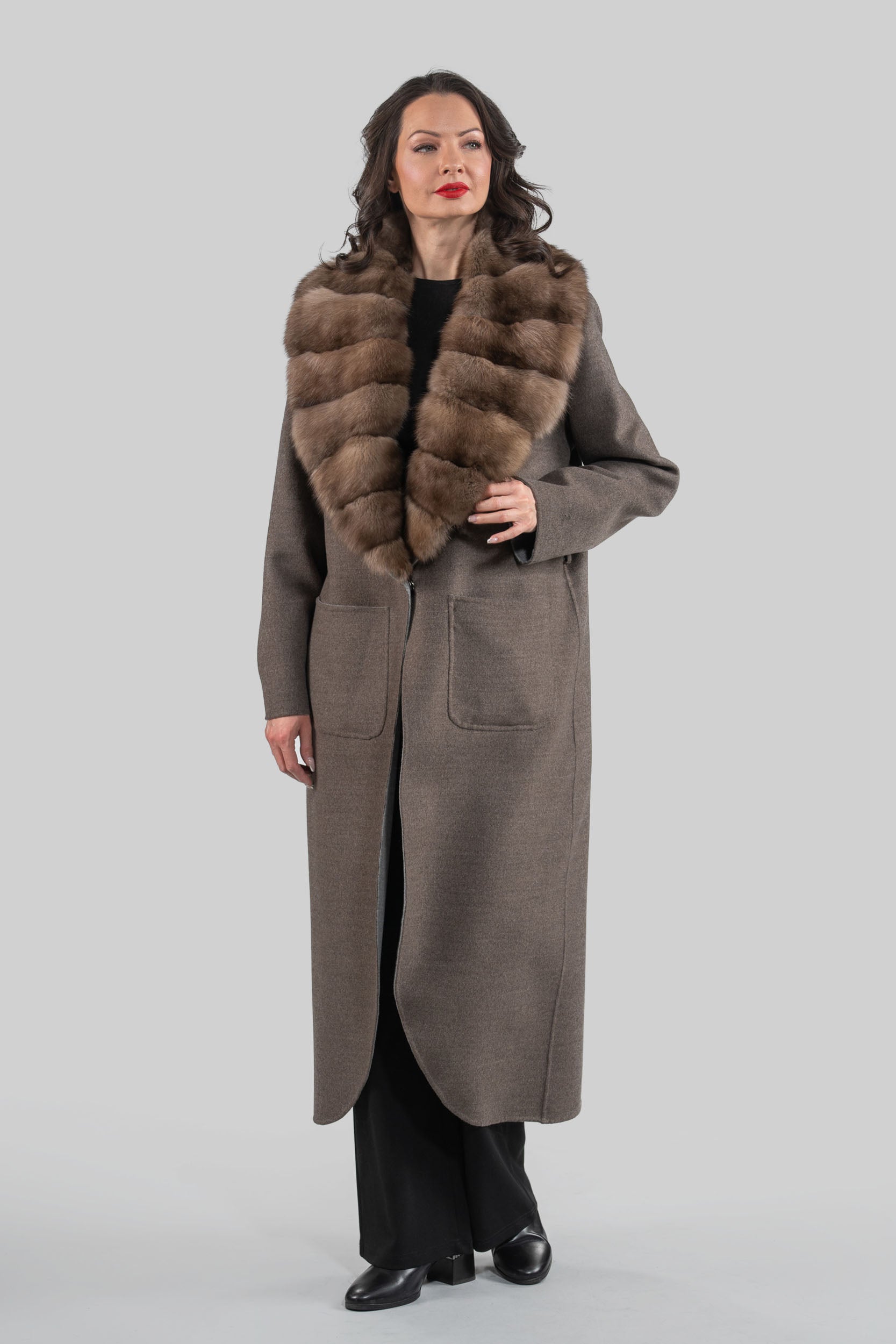 Brown Grey Cashmere Coat with Russian Sable Notch Collar 20C8060S20o