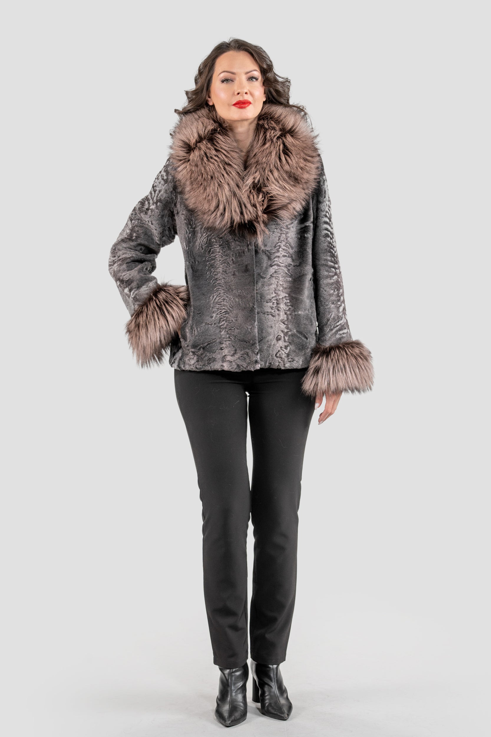 Grey Moon Swakara Jacket with Fox Fur Trim Notch Collar and Cuffs S/S13C528s20