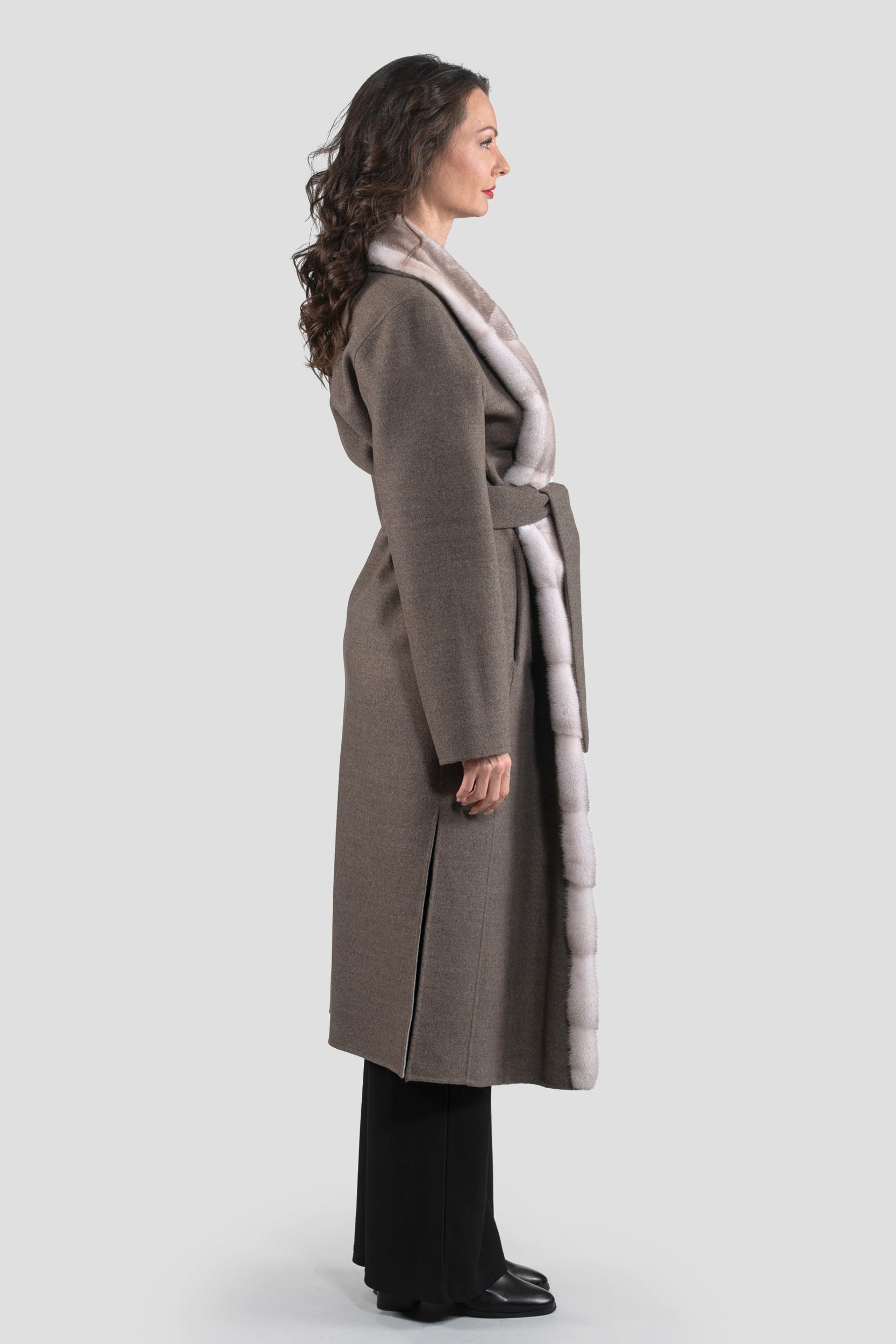 Brown Grey Cashmere Coat with Mink Trim 3321