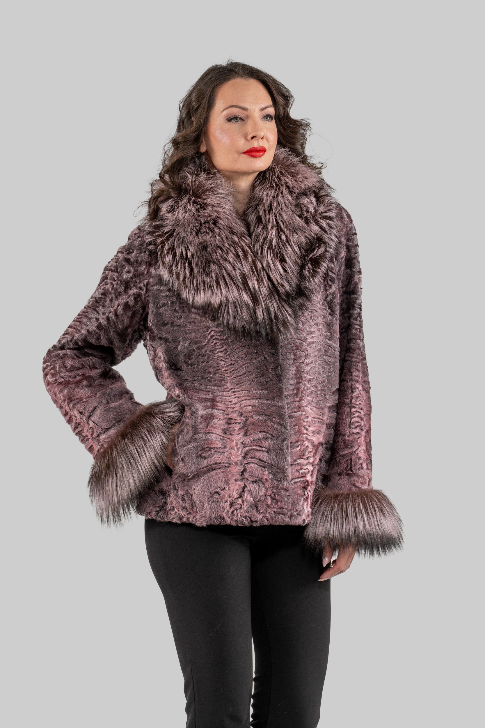 Swakara Jacket With Fox Fur Trim Notch Collar and Cuffs in Pink S/S13C528s20