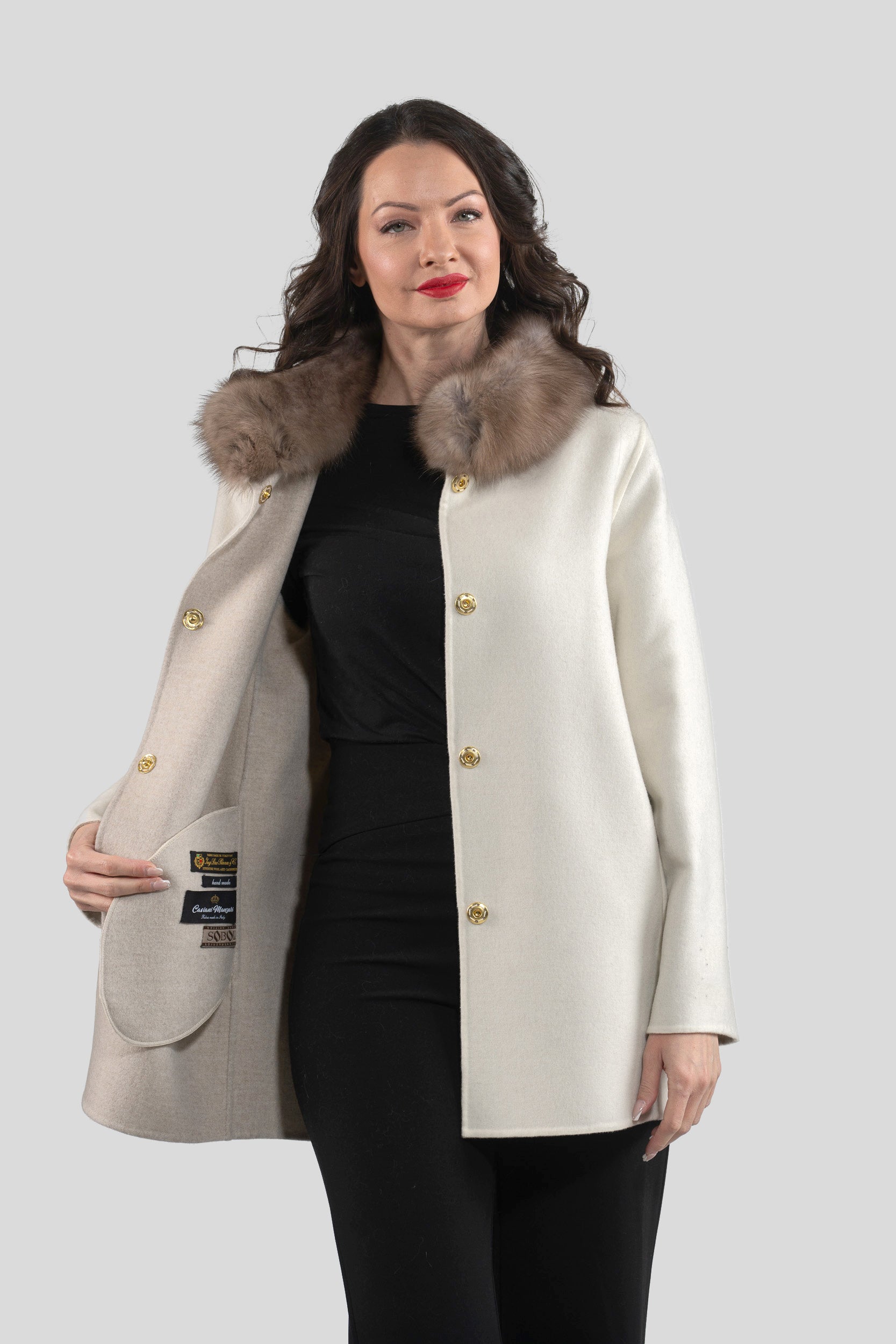 White Cashmere Jacket with Russian Sable Trimmed Stand Collar 17C8003G530