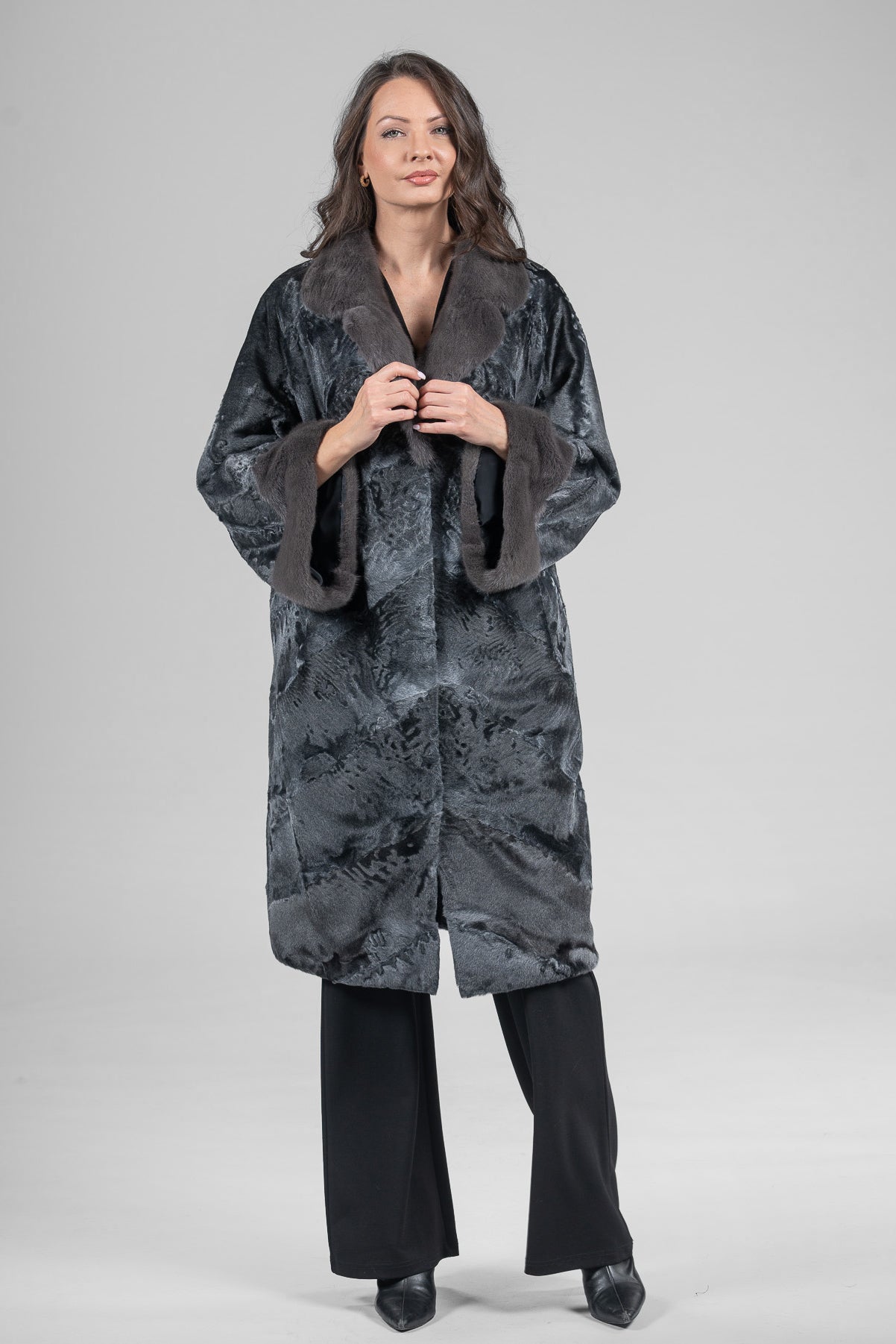 Acciaio Swakara Oversized Half Coat with Titanium Mink Trim A/K13C848gs20v30
