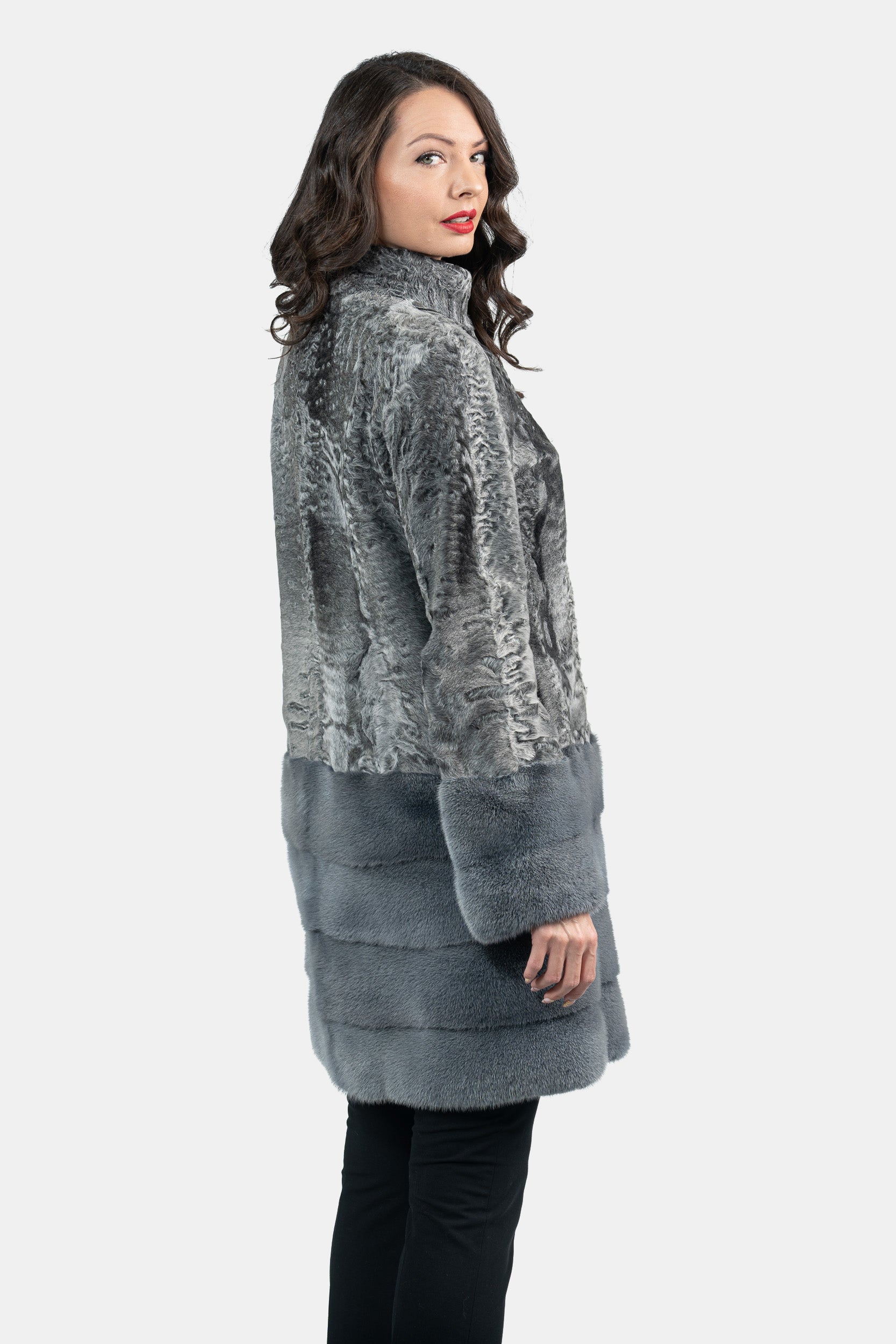 Gray Swakara Half Coat with Mink Trimmed Hem S/SR/K21999