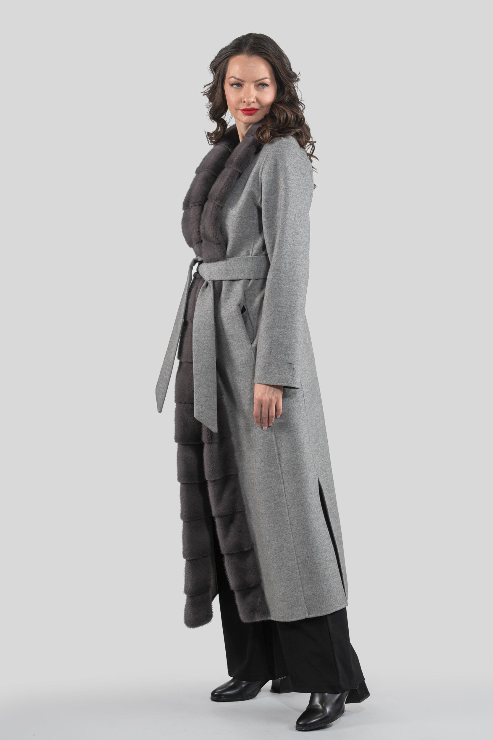 Grey Brown Cashmere Coat with Mink Trim 21C6080