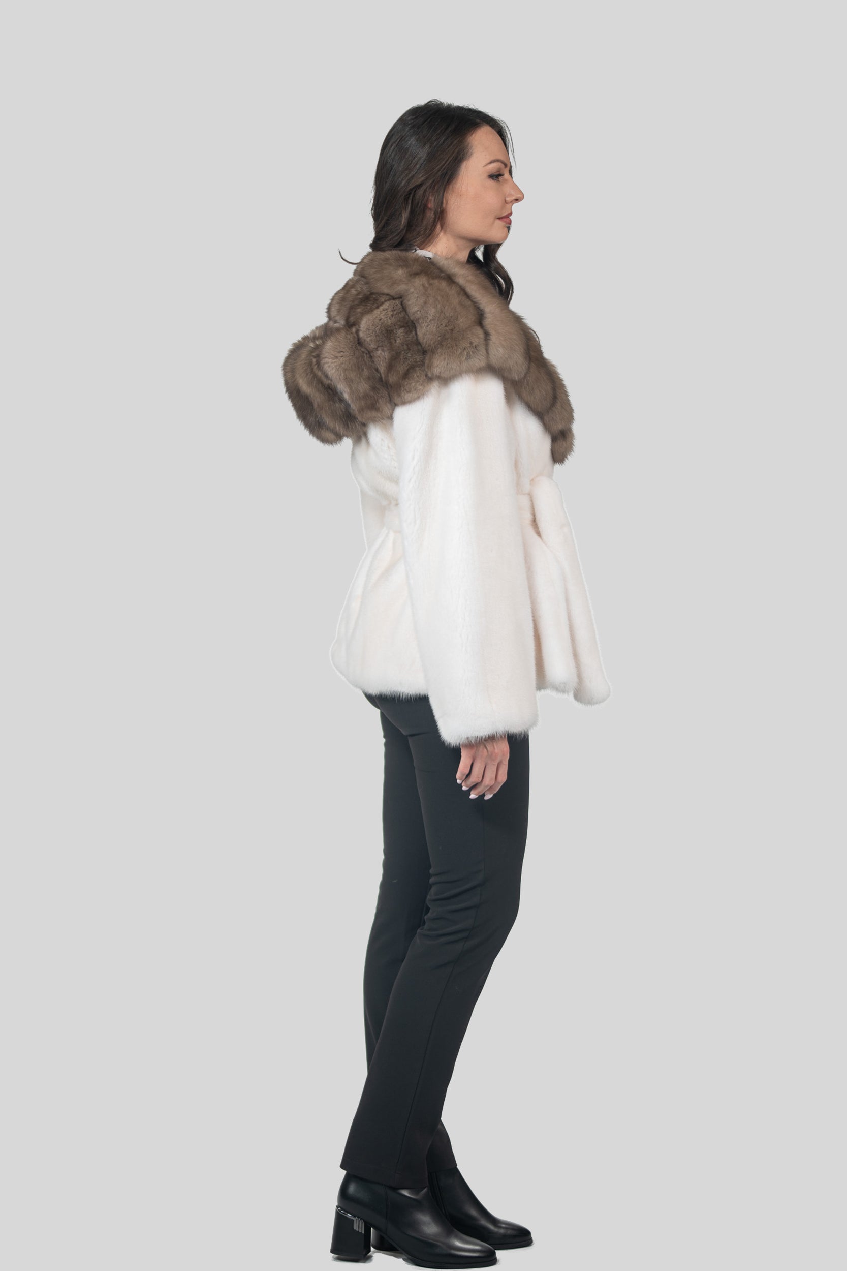 Pearl Mink Half Coat With Russian Sable Hood L/O13C978