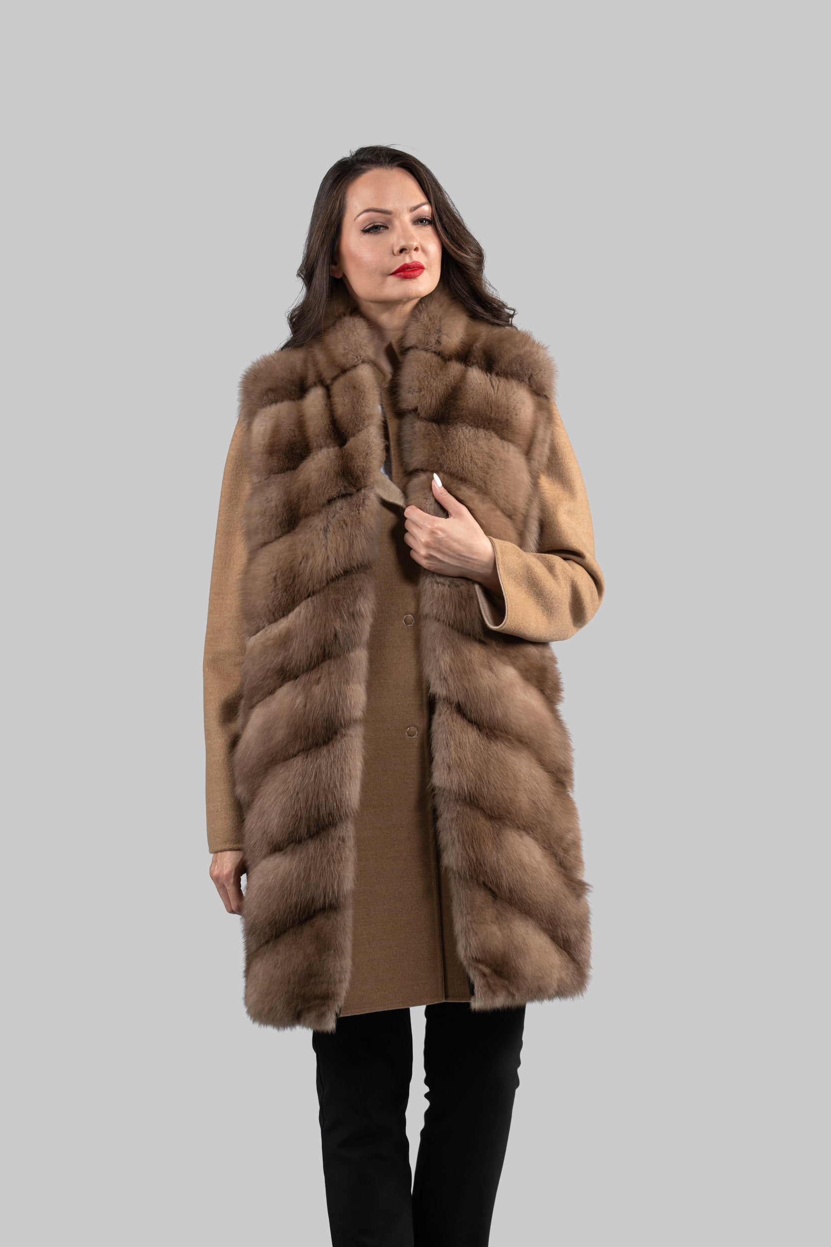 Beige Cashmere Half Coat & Vest with Baumarten Trim 17C8003