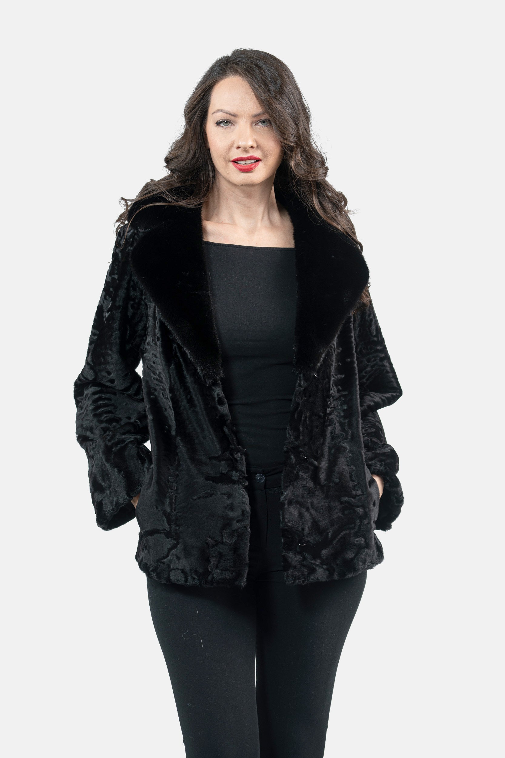 Black Swakara Jacket with Mink Notch Collar S/S13C528s20
