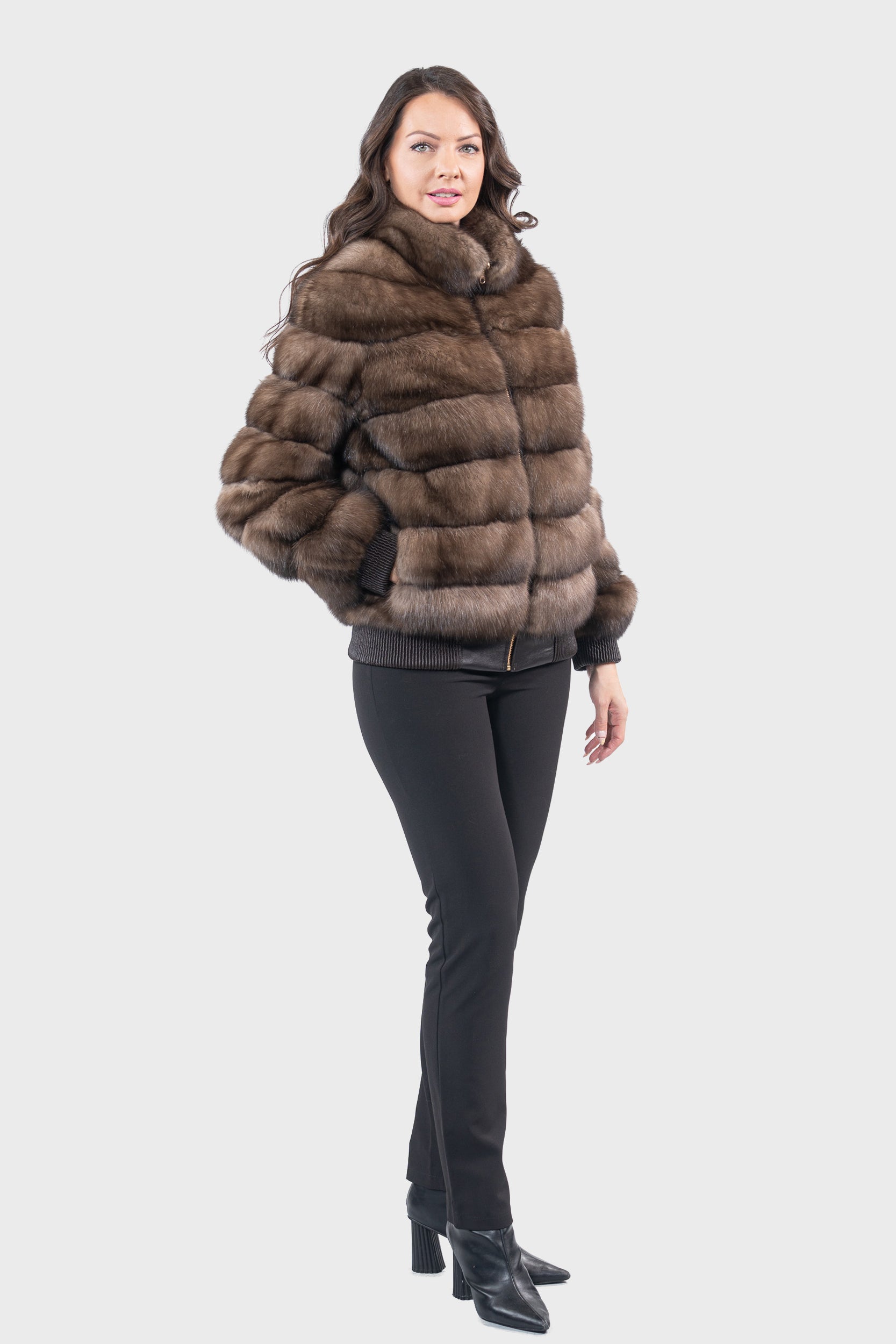 Reversible Titanium Russian Sable Bomber Jacket with Stand Collar P/K228