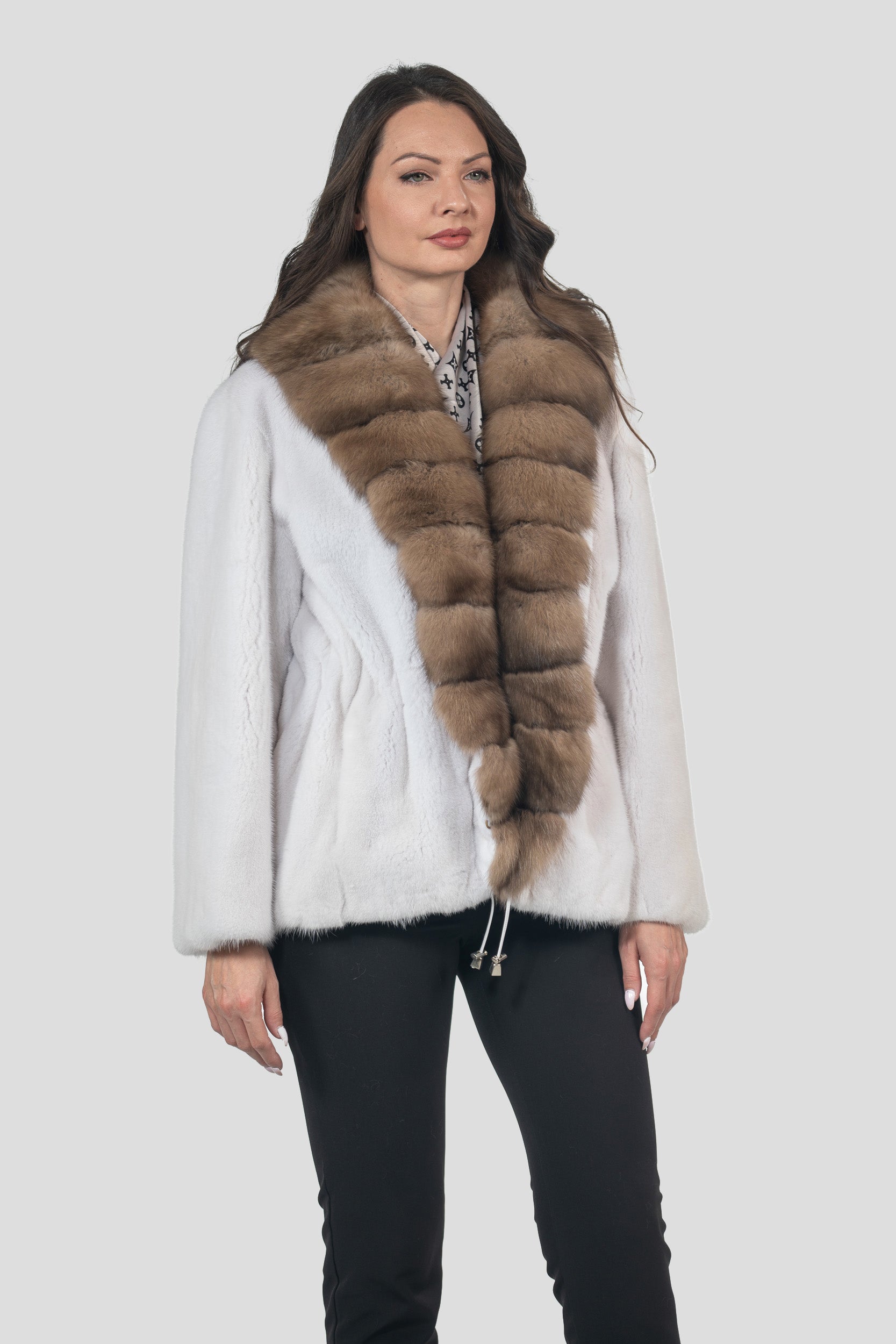 White Mink Jacket with Russian Sable Trim L/O19C123