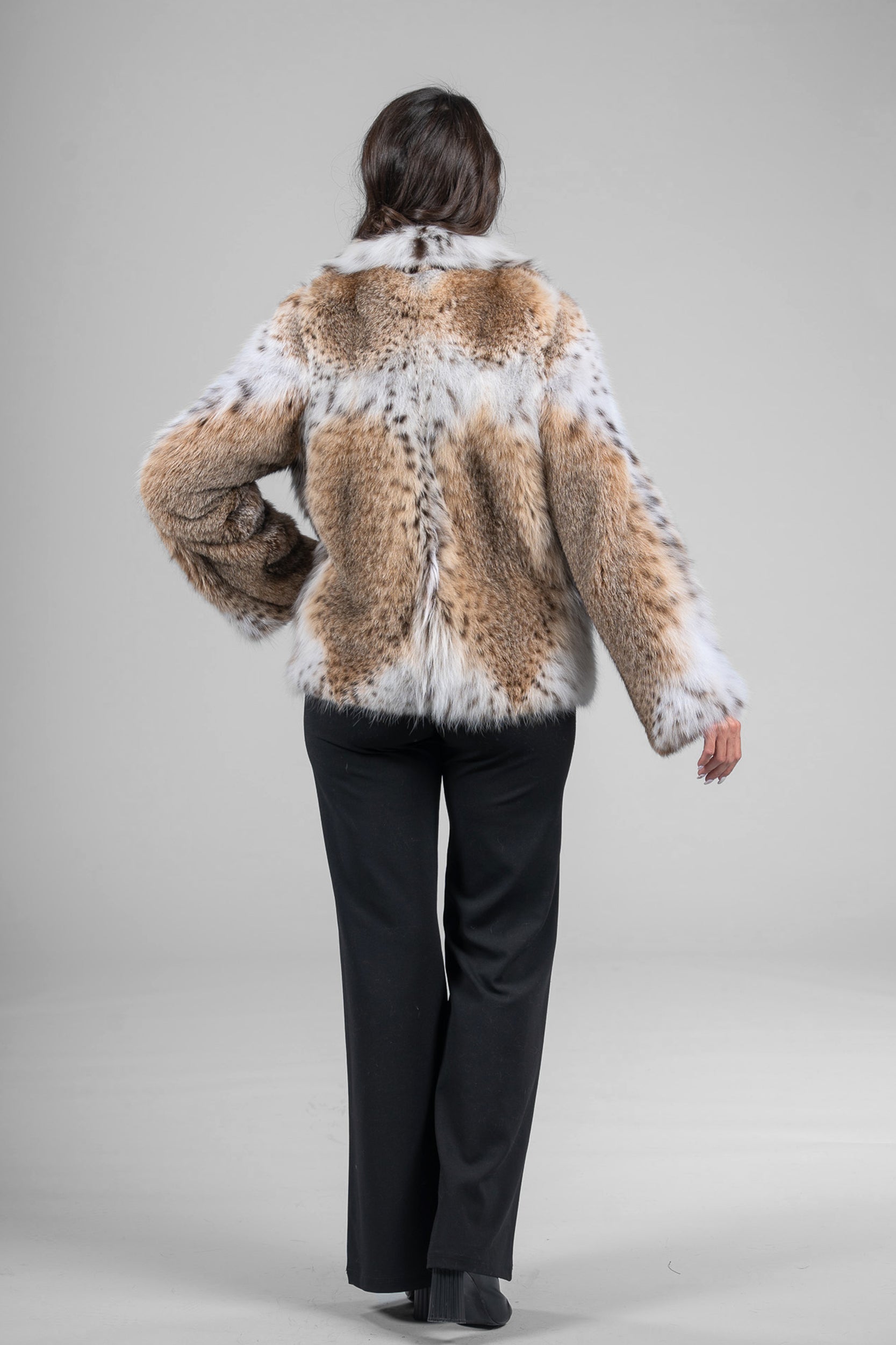Bobcat Fur Jacket with Notch Collar in Natural Spotted Pattern 13C528S20