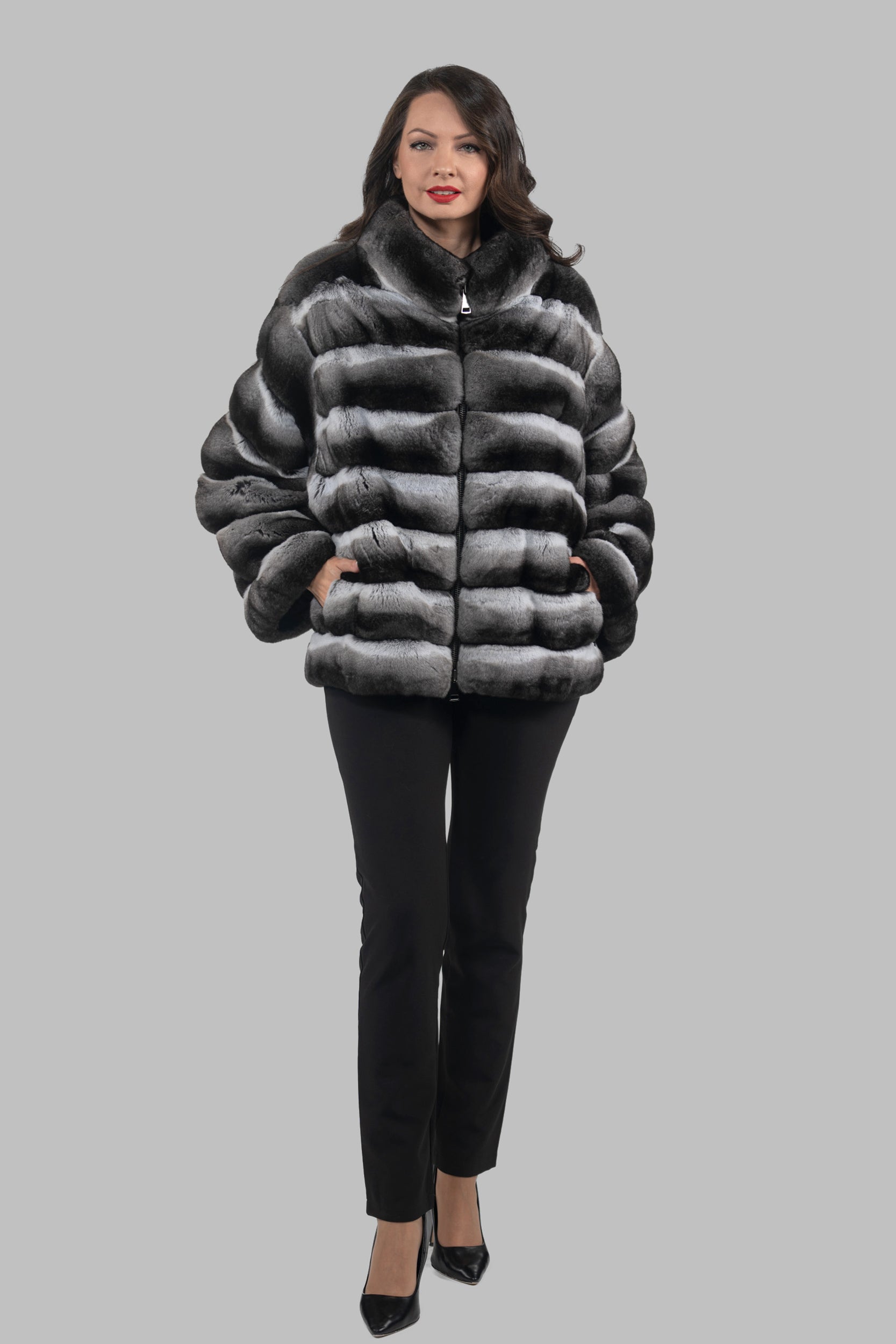Chinchilla Jacket with Stand Collar and Zipper P/K13C137