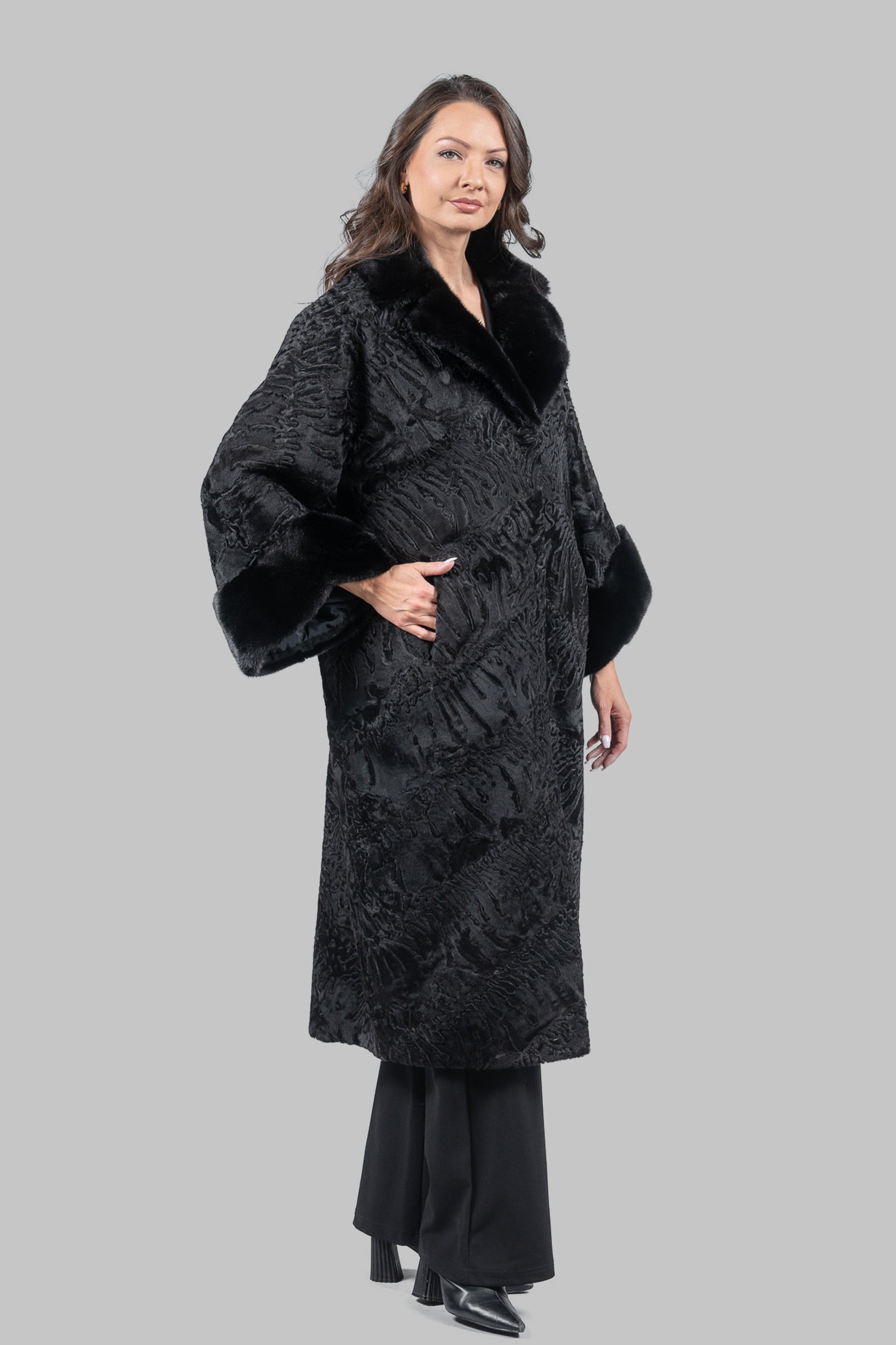 Black Swakara Coat with Mink-Trimmed Notch Collar A/K13C848s34v30