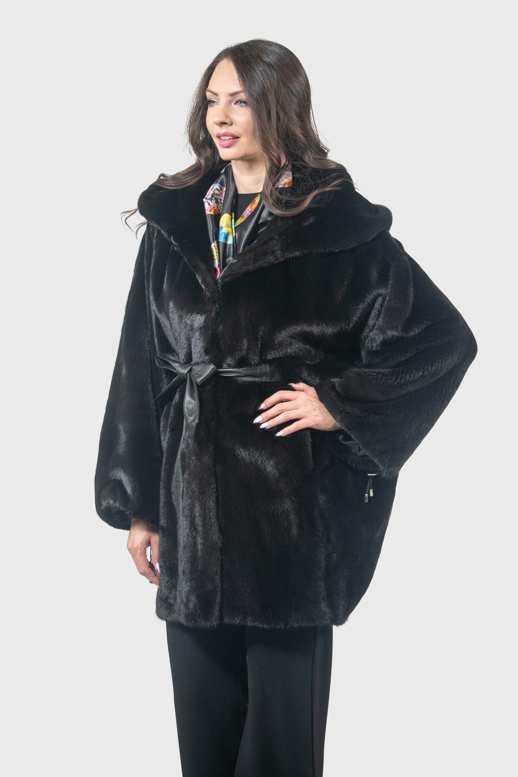 Blackglama Mink Hooded Let-Out Half Coat L/O18M011H
