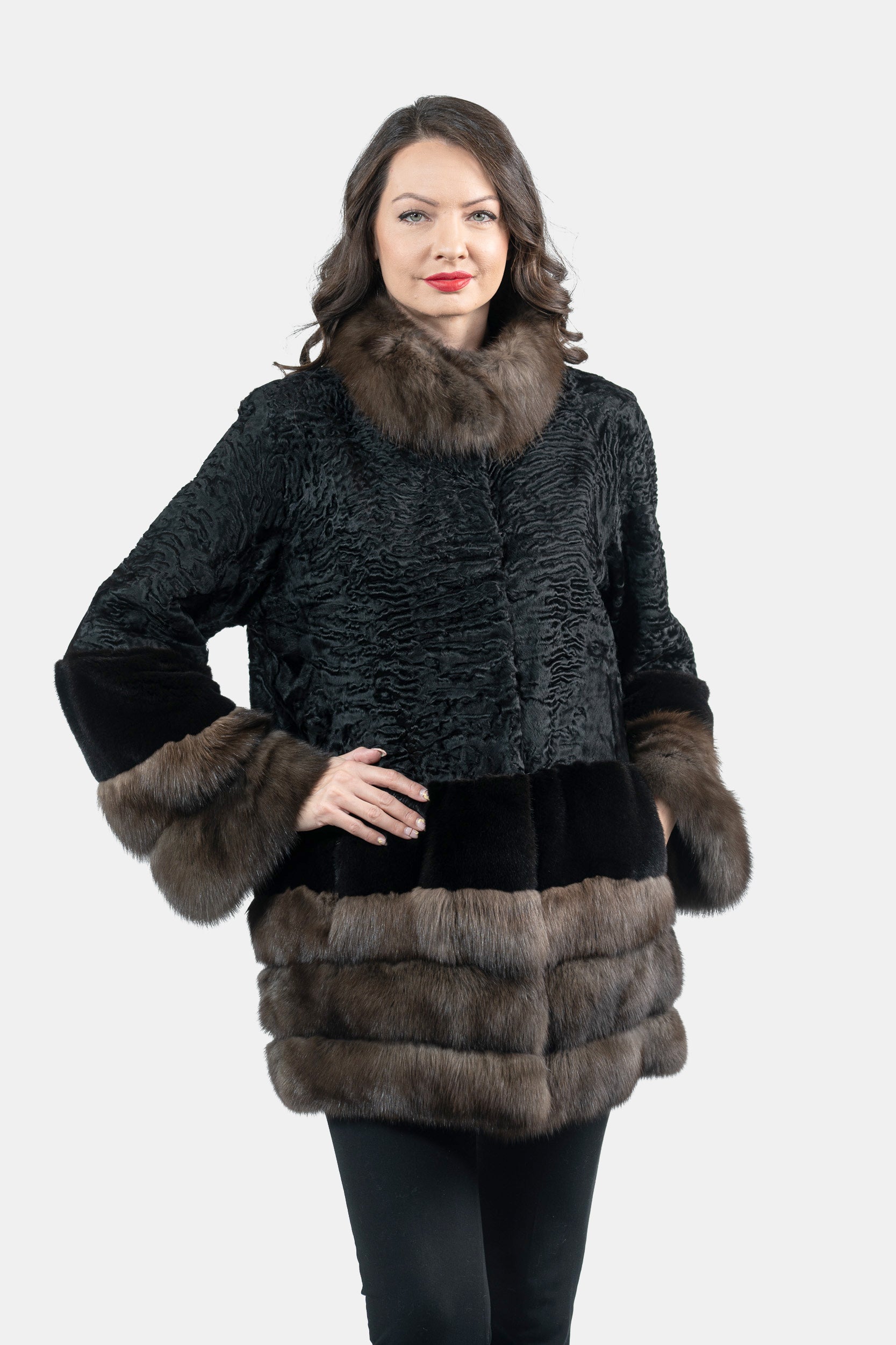 Black Swakara Half Coat with Mink and Russian Sable Trim S/SR/K16C777