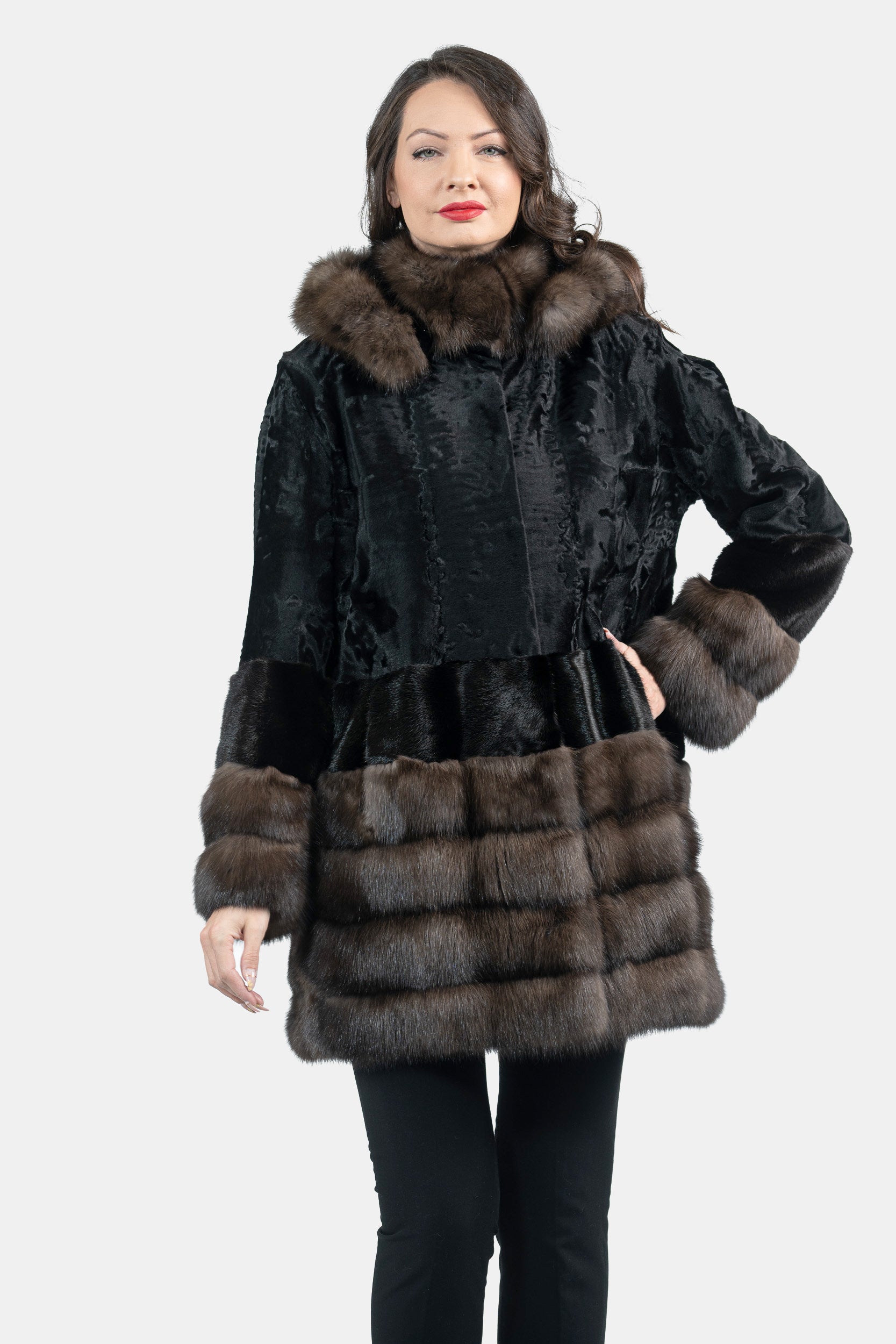 Black Swakara Hooded Half Coat with Mink and Russian Sable Trim S/SR/K4535