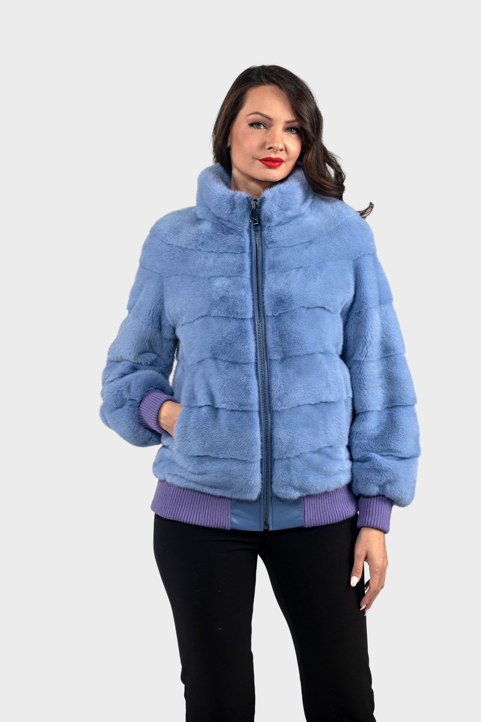 Aqua Marine Mink Bomber Jacket with Stand Collar P/K13C224