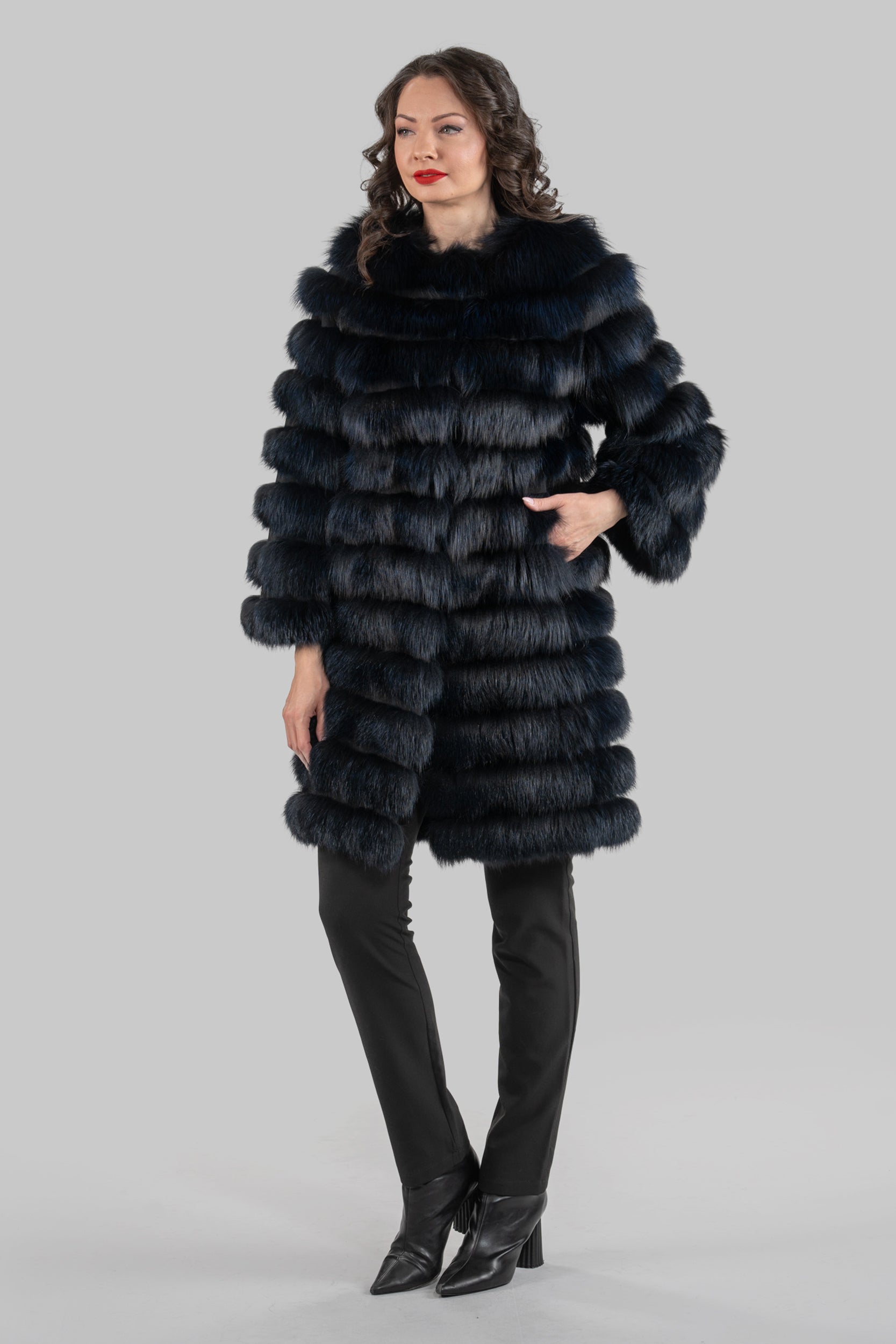 Blue Black Fox Collarless Half Coat R/K13C520
