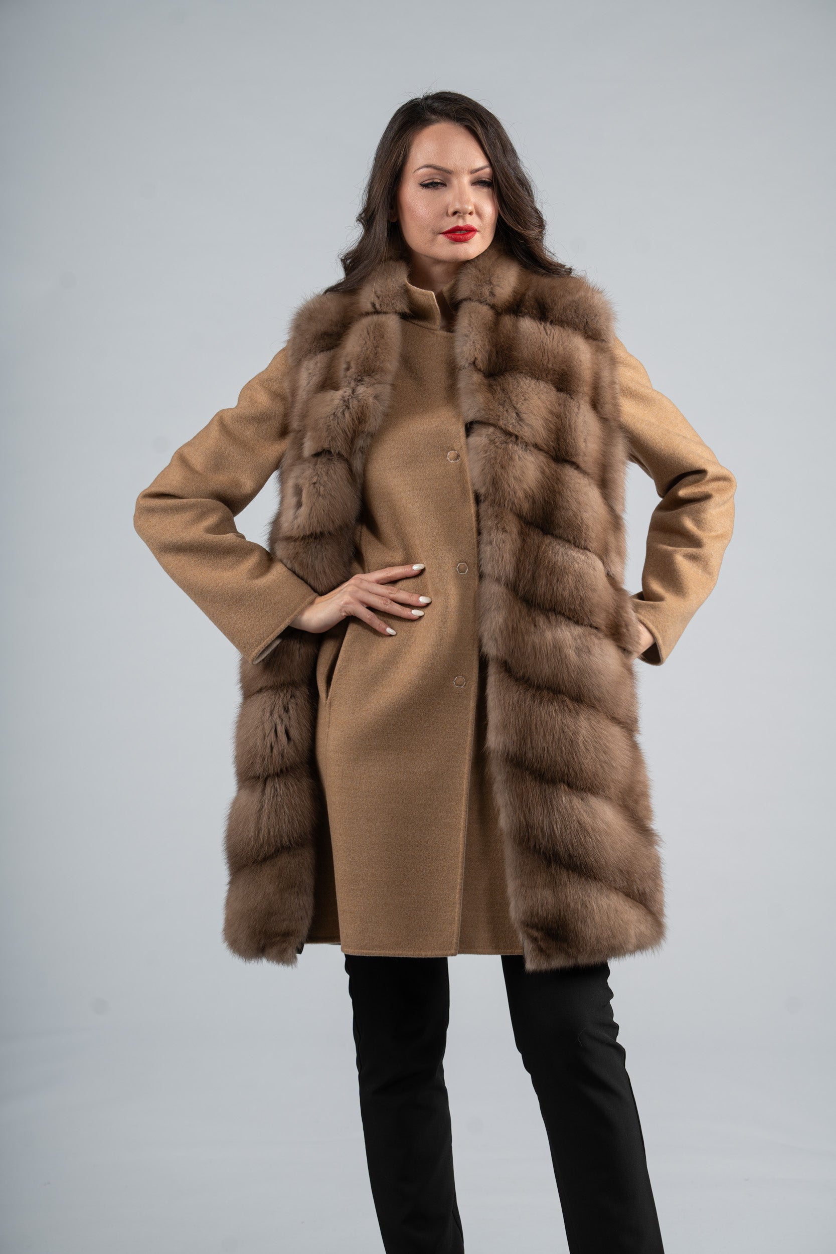 Beige Cashmere Half Coat & Vest with Baumarten Trim 17C8003