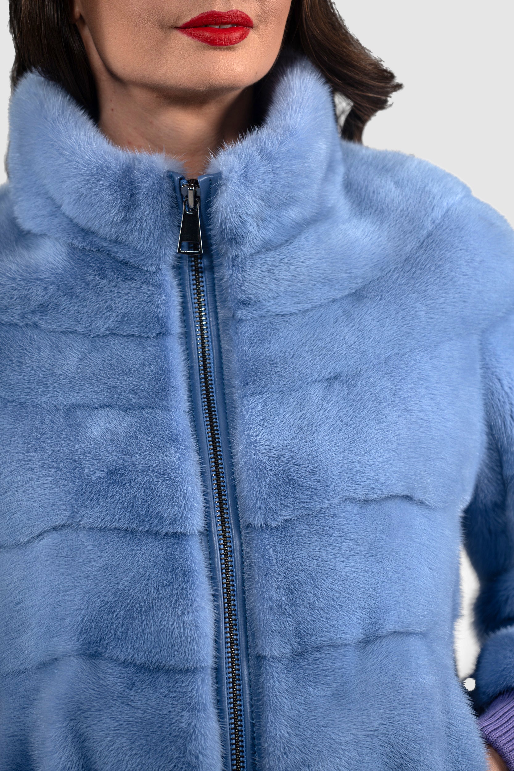 Aqua Marine Mink Bomber Jacket with Stand Collar P/K13C224