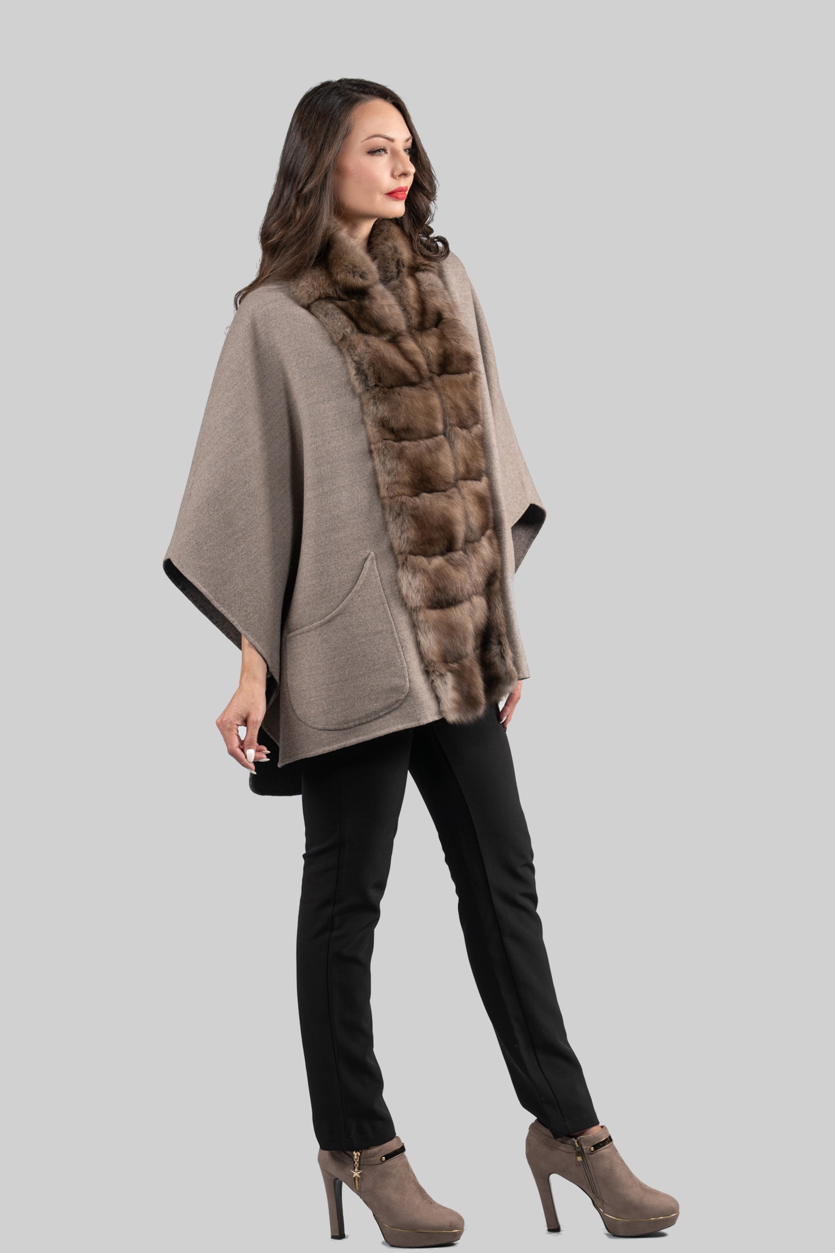 Grey Brown Cashmere Cape with Russian Sable Trim 18M951