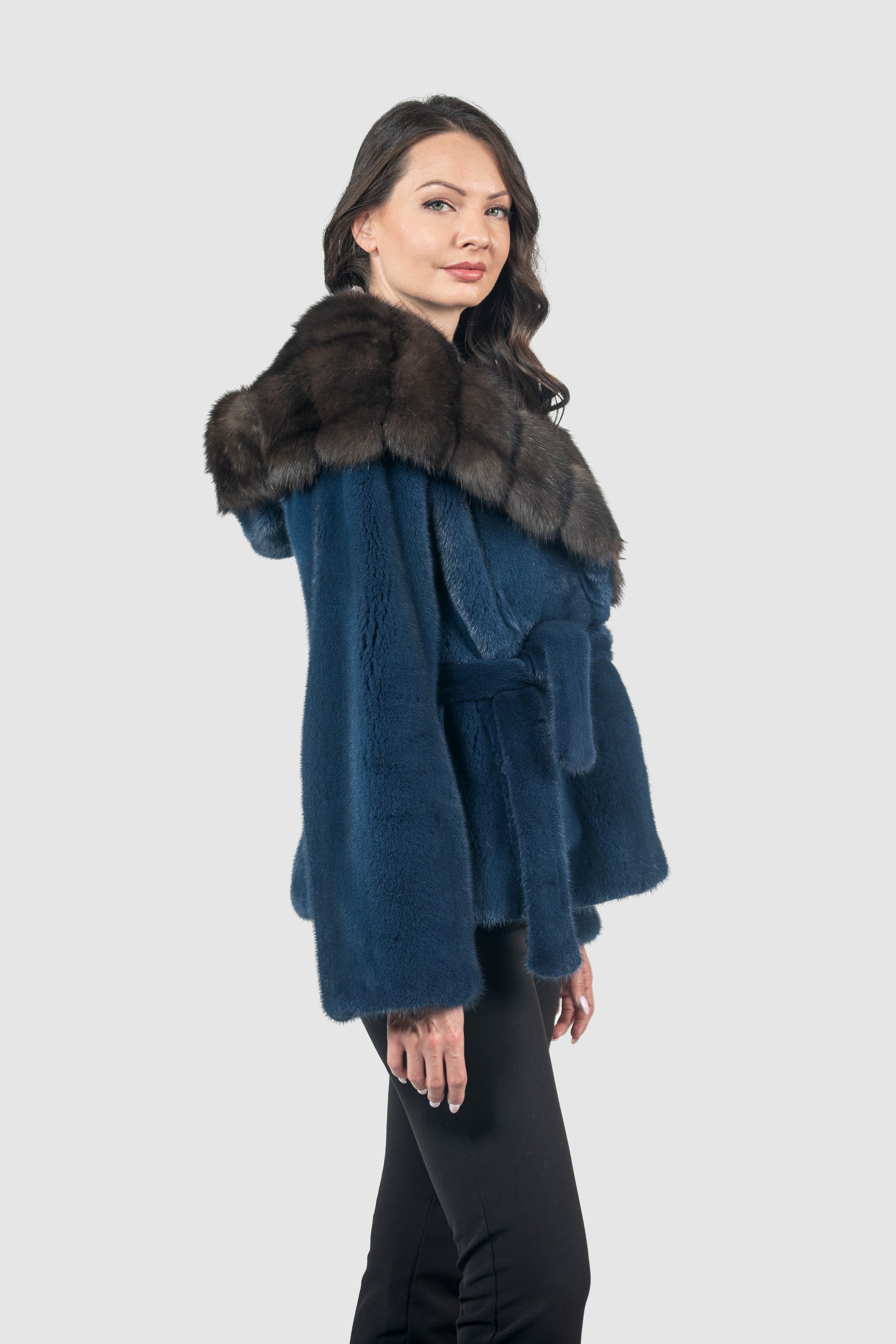 Blue Jean Mink Half Coat with Russian Sable Hood L/O13C978