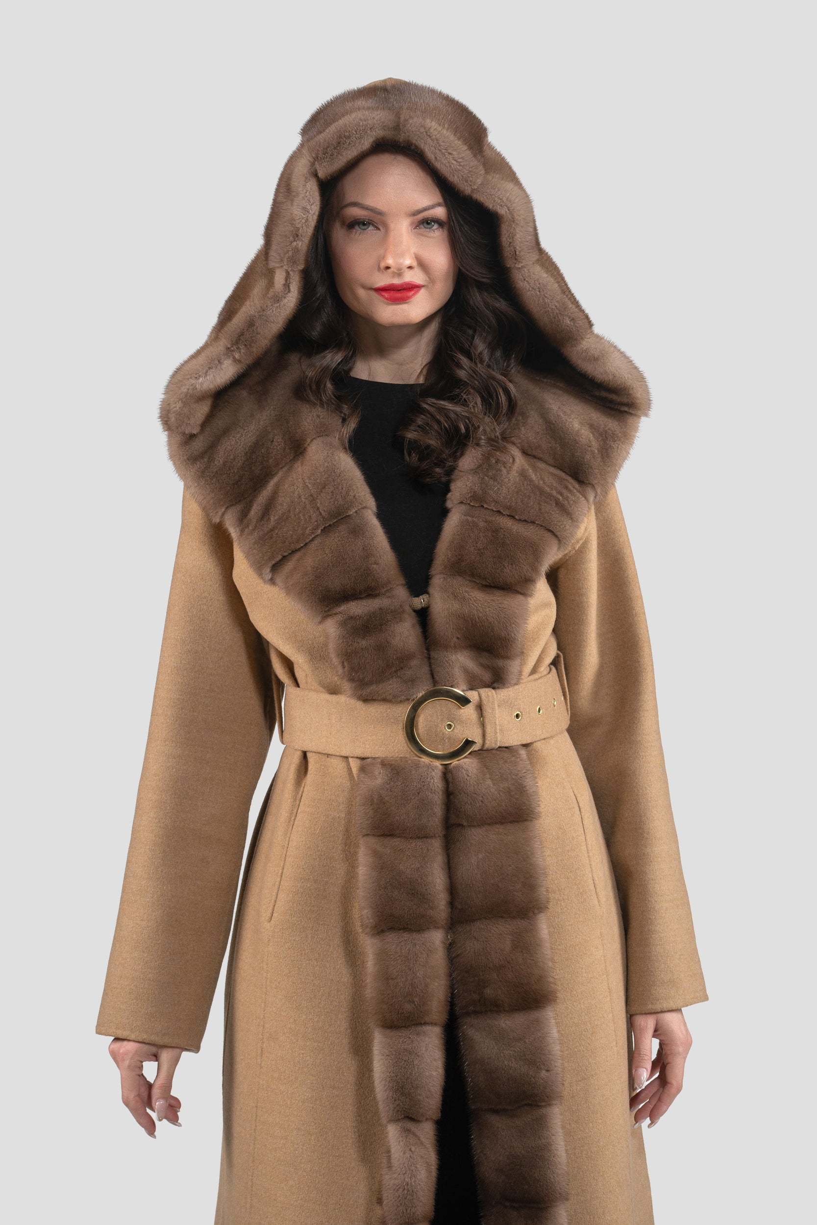 Beige Ecru Cashmere Hooded Coat with Mink Trim 21C6080H540