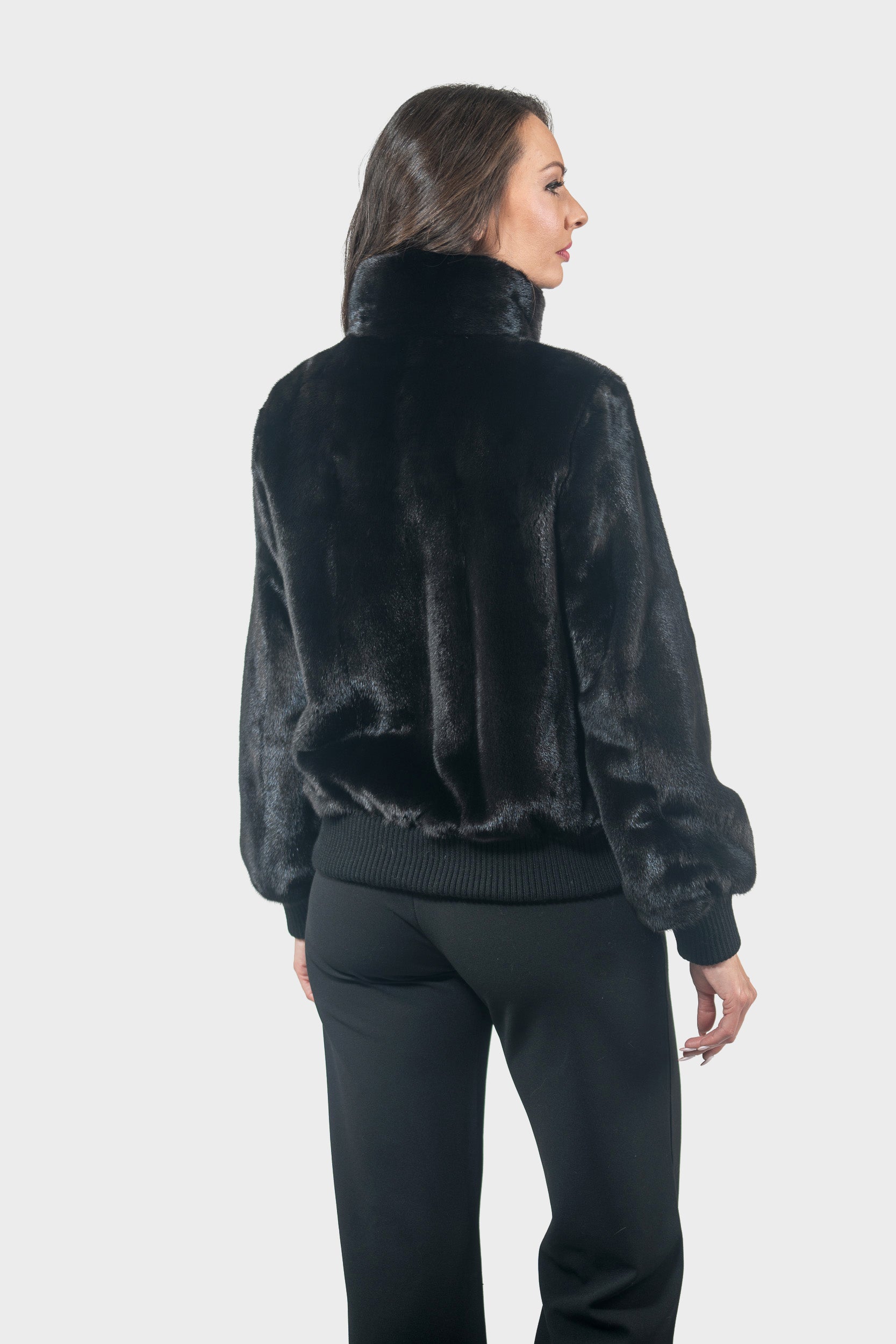 Black Mink Bomber Jacket with Stand Collar L/O13C224