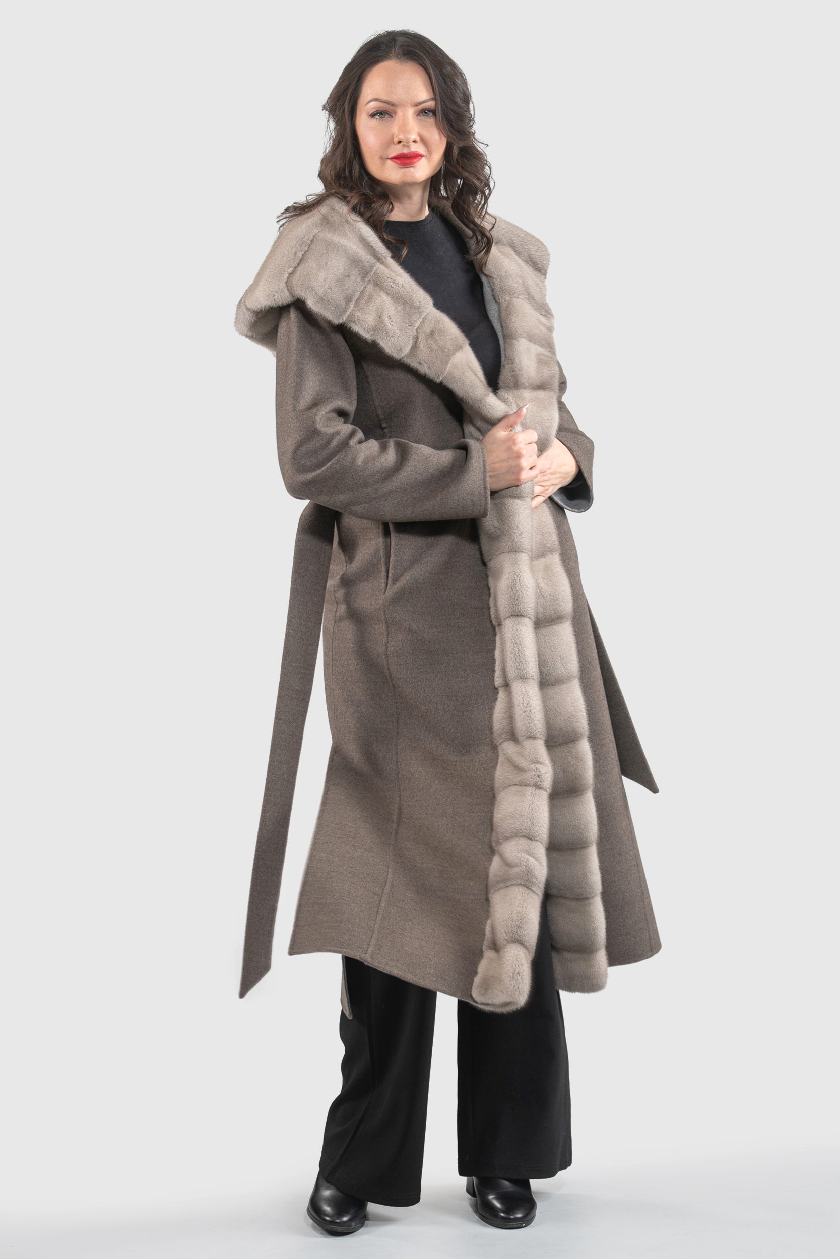 Grey Brown Cashmere Hooded Coat with Mink Trim 21C6080H540