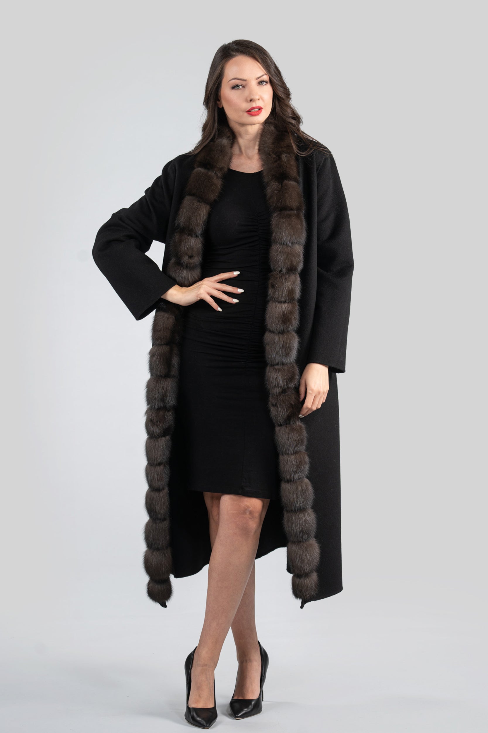 Black Cashmere Coat with Russian Sable Trim 21C6080
