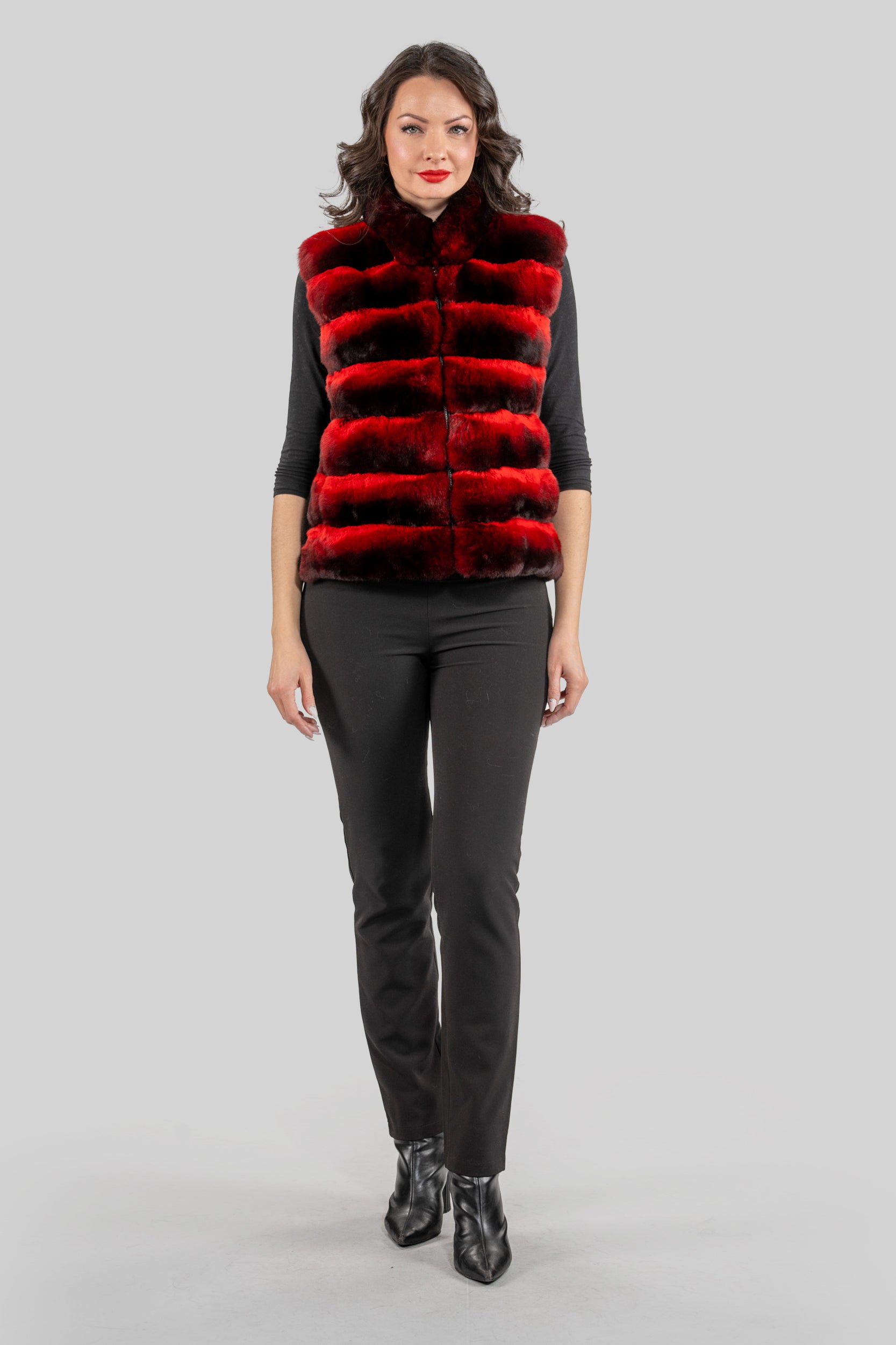 Red Chinchilla Vest with Stand Collar and Mink Trim P/K2201