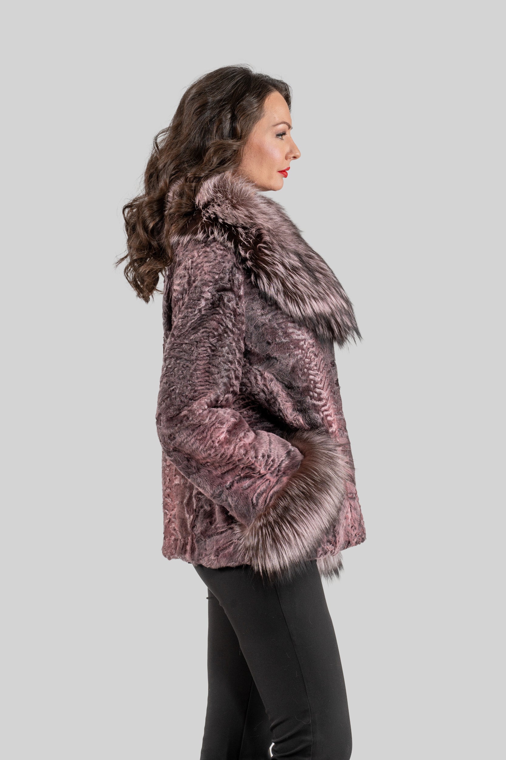 Swakara Jacket With Fox Fur Trim Notch Collar and Cuffs in Pink S/S13C528s20