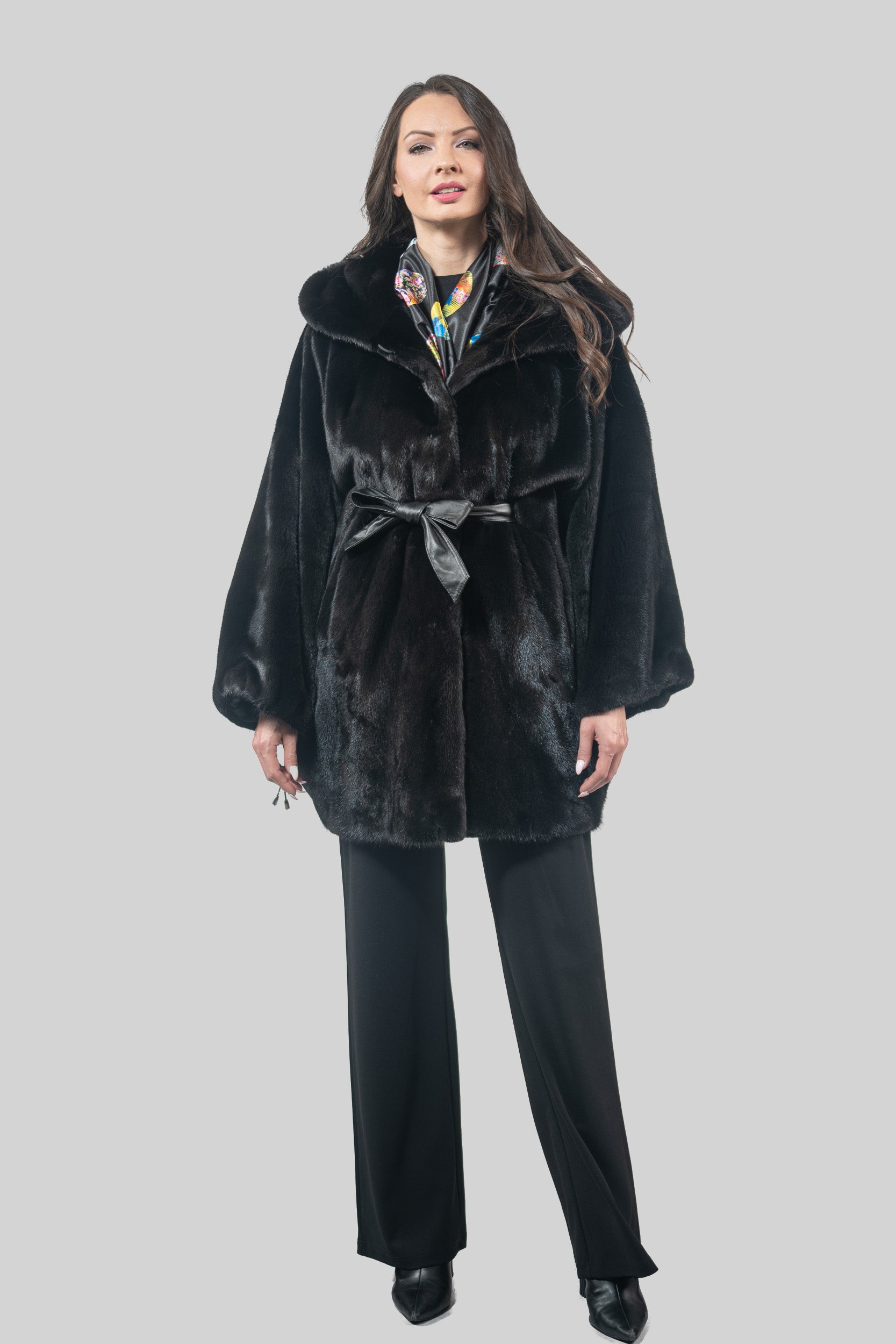 Blackglama Mink Hooded Let-Out Half Coat L/O18M011H