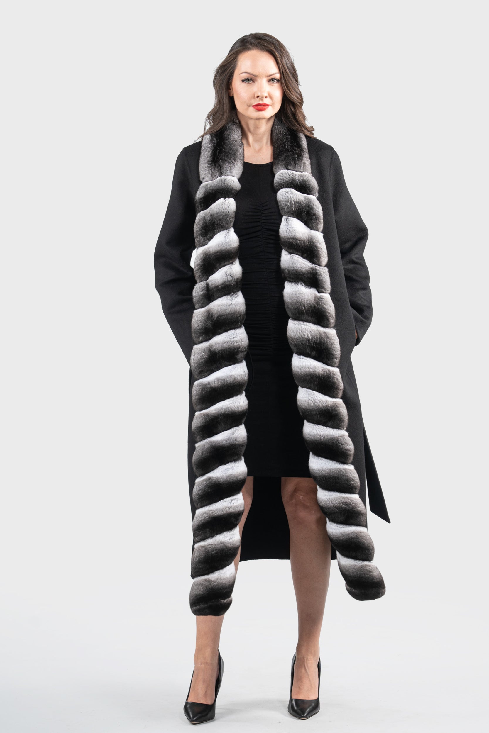 Black Cashmere Coat with Chinchilla Trim 21C3321
