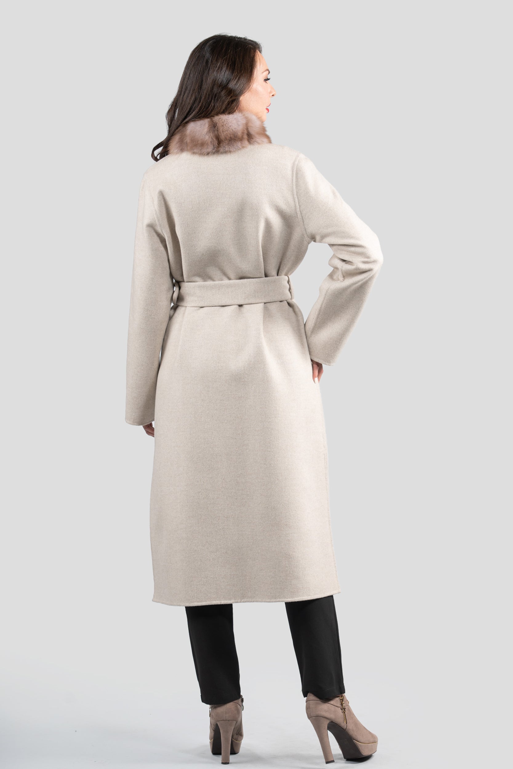 White Ecru Cashmere Coat with Russian Sable Trim 21C6080