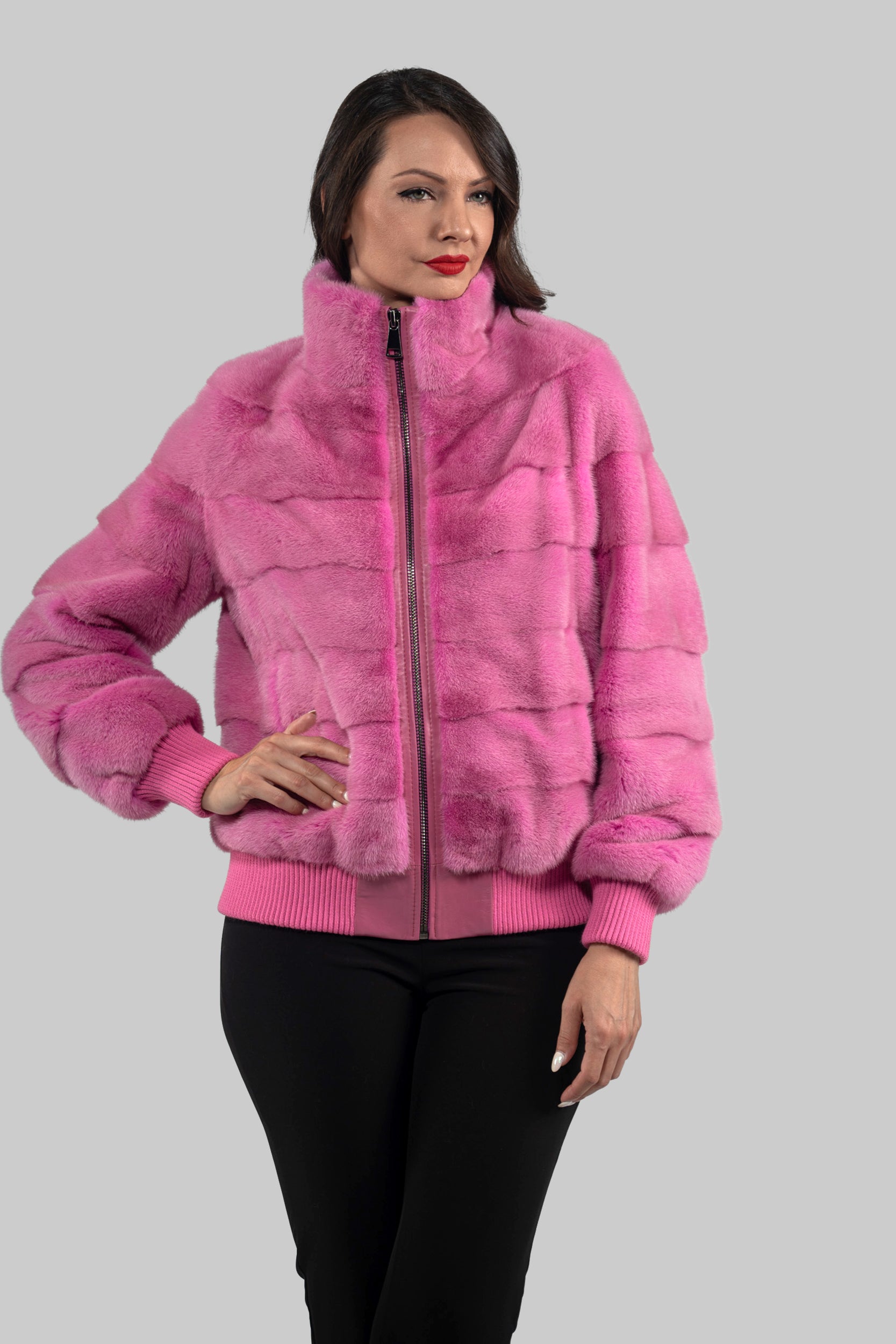 Fuchsia Mink Bomber Jacket with Stand Collar P/K13C224