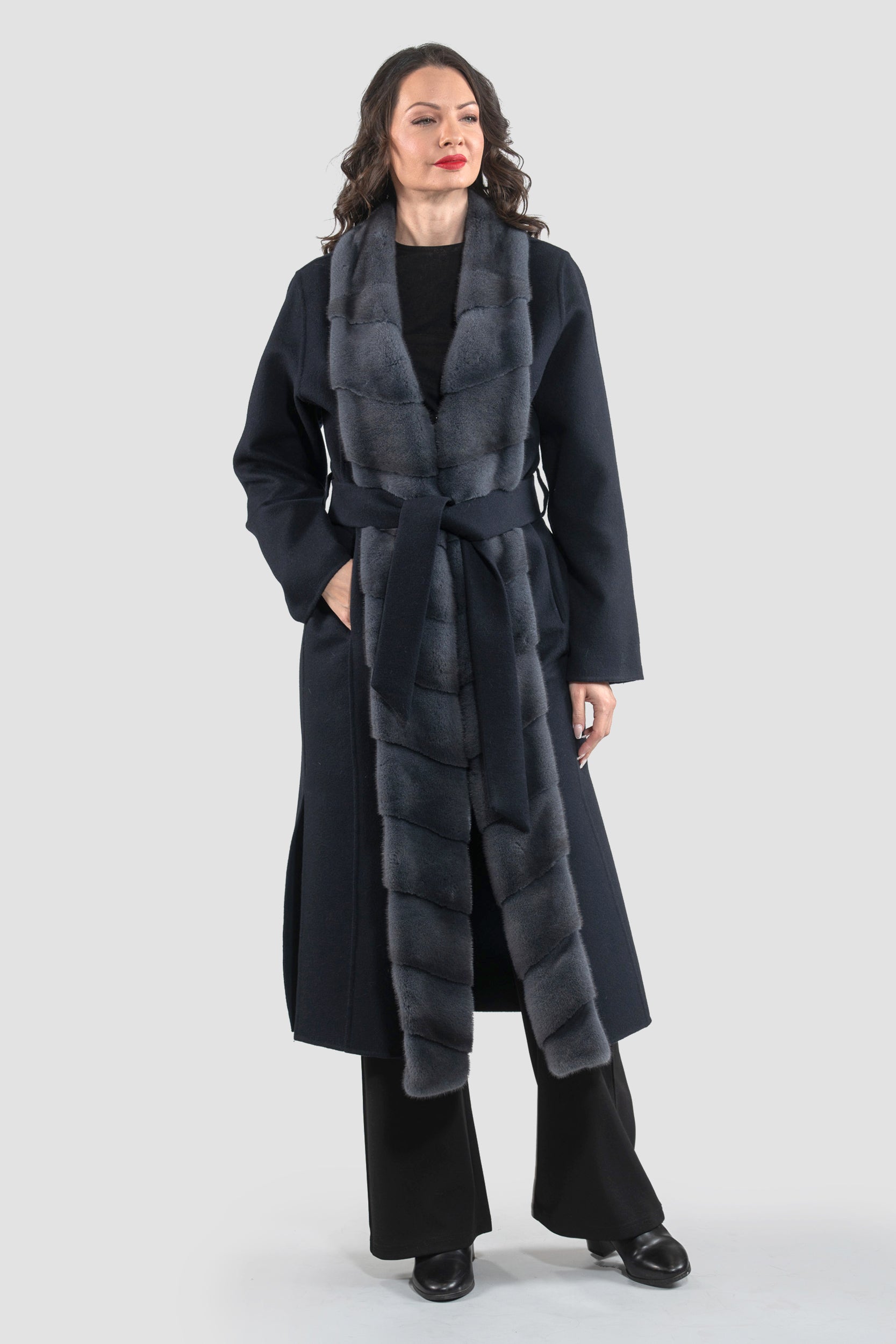 Blue Black Cashmere Coat with Mink Trim 3321
