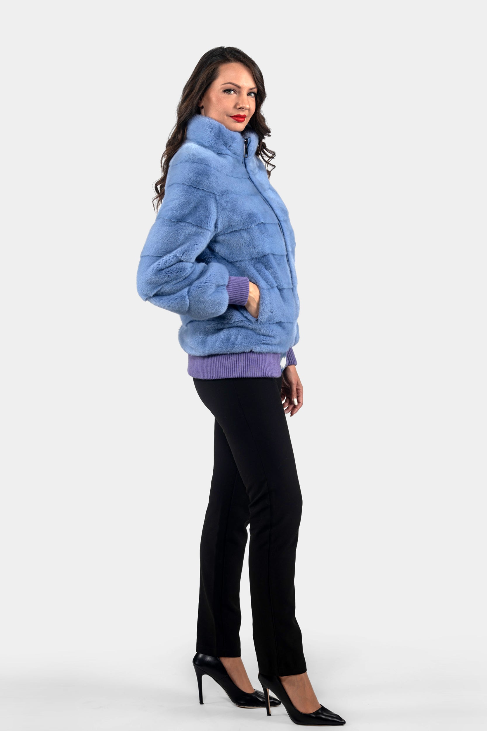 Aqua Marine Mink Bomber Jacket with Stand Collar P/K13C224