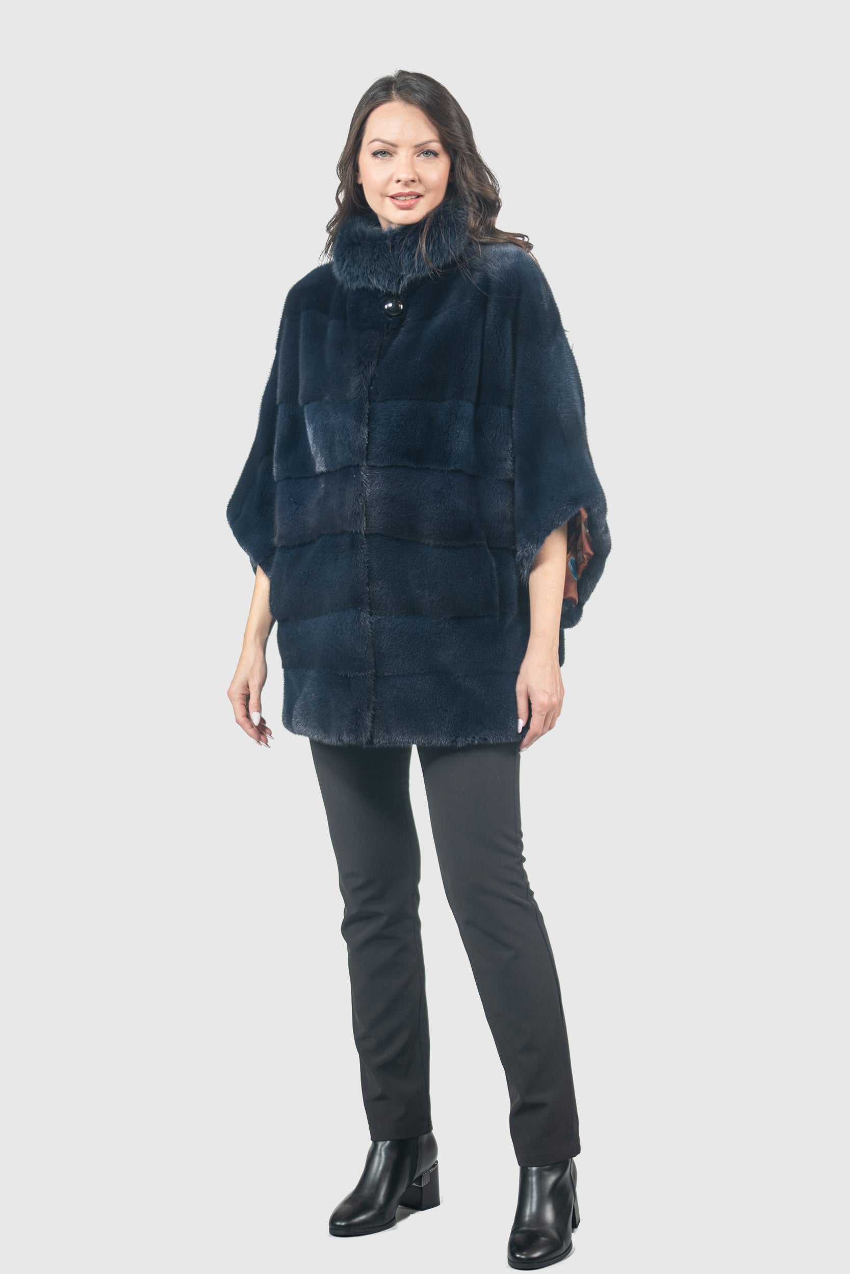 Blue Black Mink Cape with Russian Sable Stand Collar P/K13C959